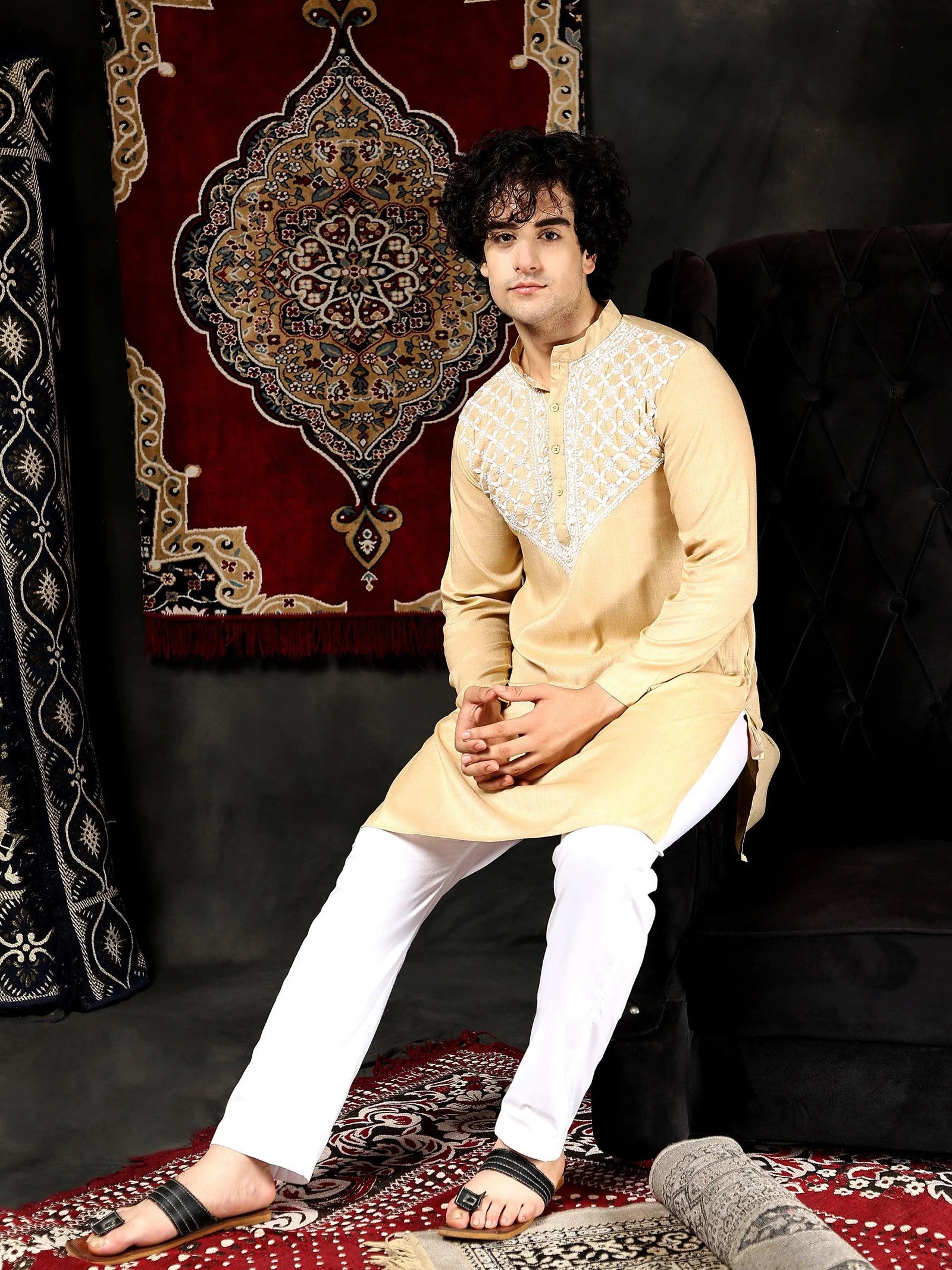 Men's Chikankari Kurta in Cotton Silk Blend - Beige
