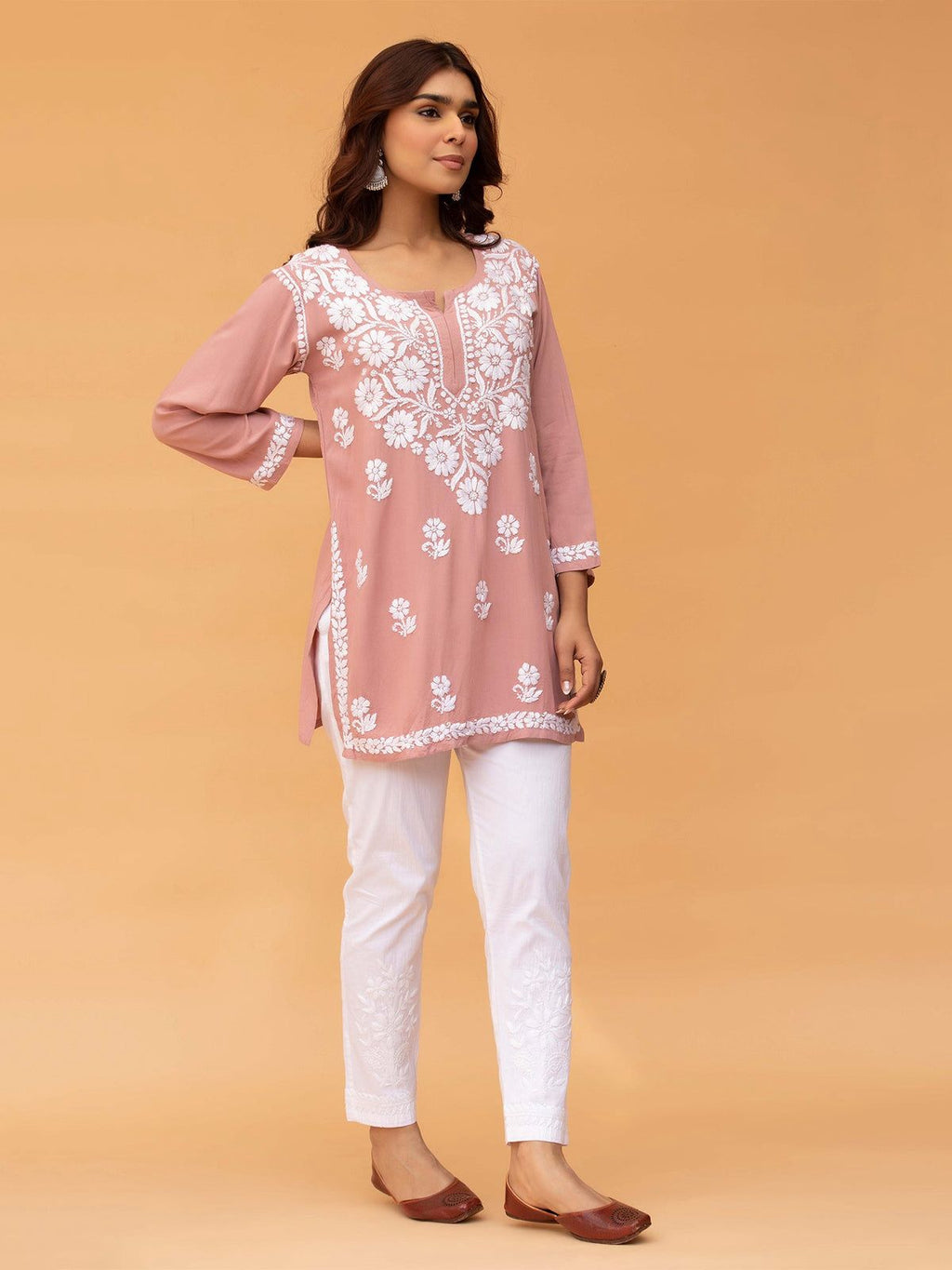 Chikankari Short Kurta in Rayon cotton - Peach