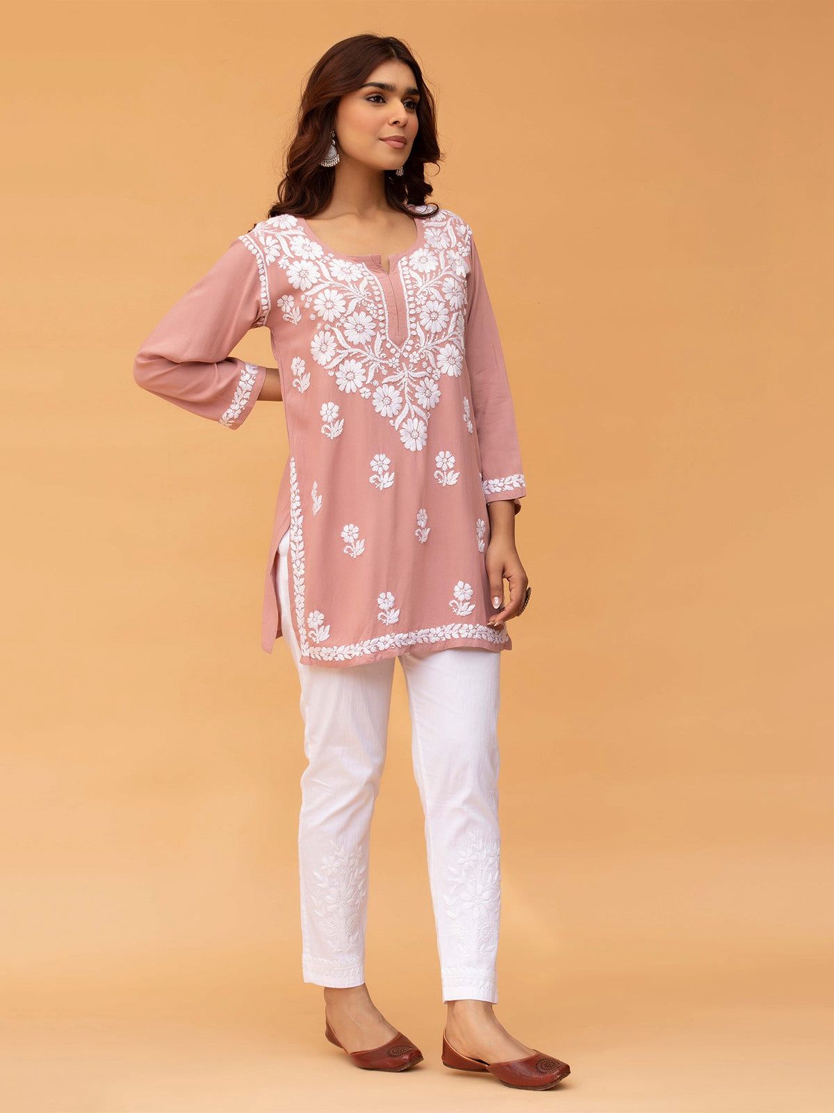 Chikankari Short Kurta in Rayon cotton - Peach