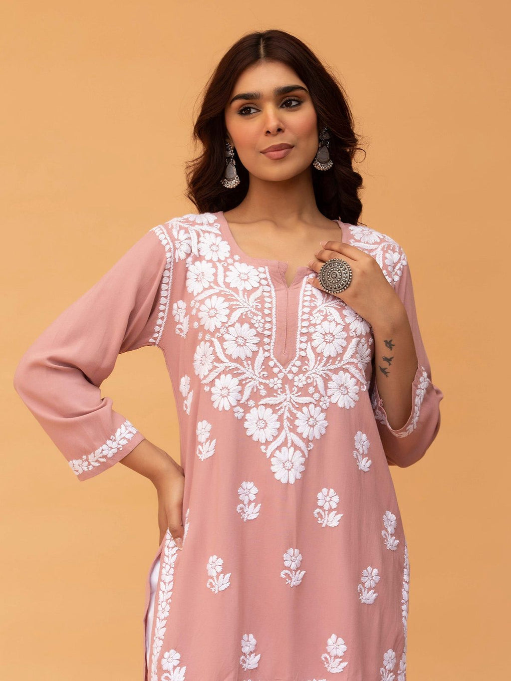Chikankari Short Kurta in Rayon cotton - Peach