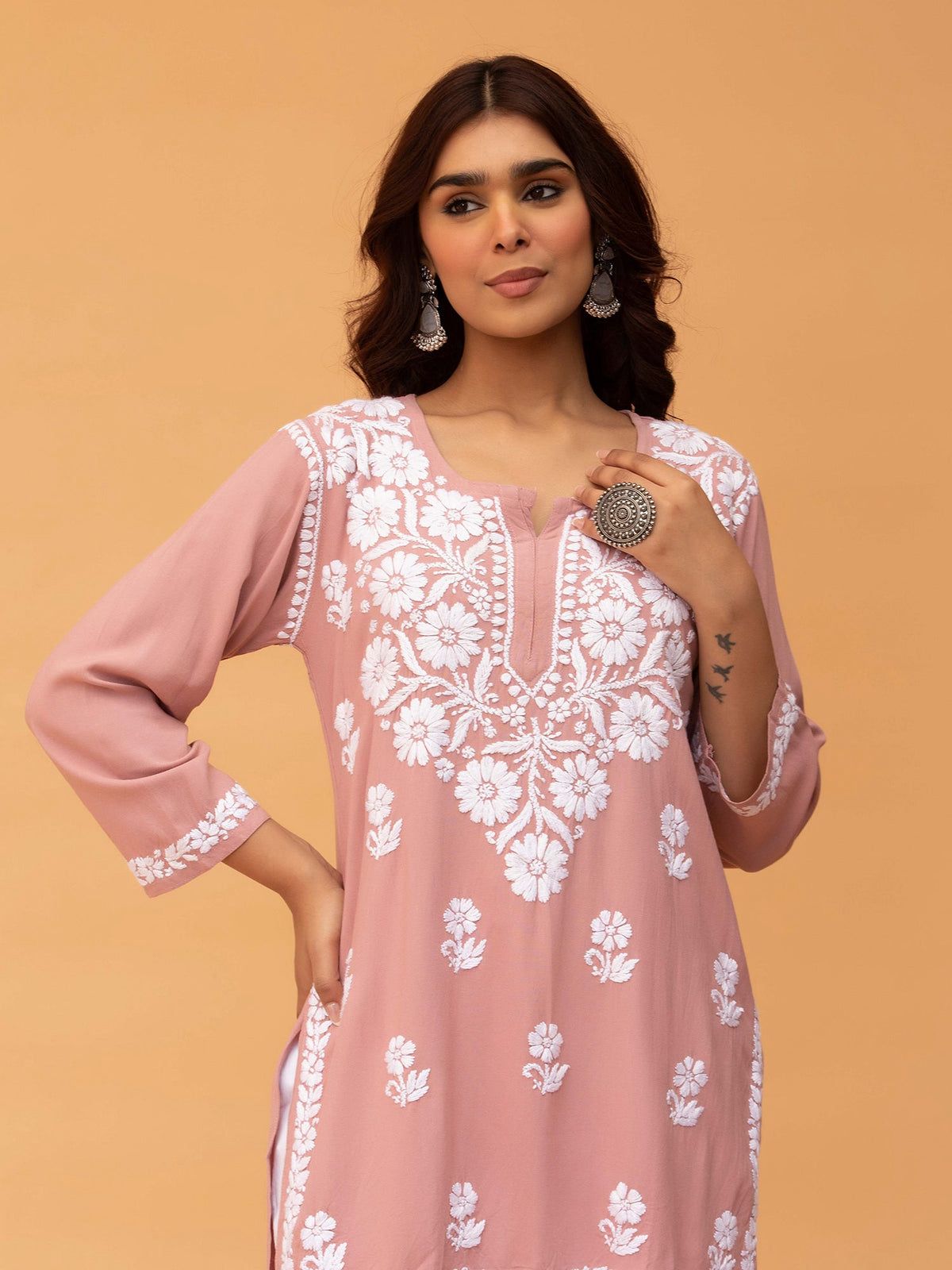 Chikankari Short Kurta in Rayon cotton - Peach