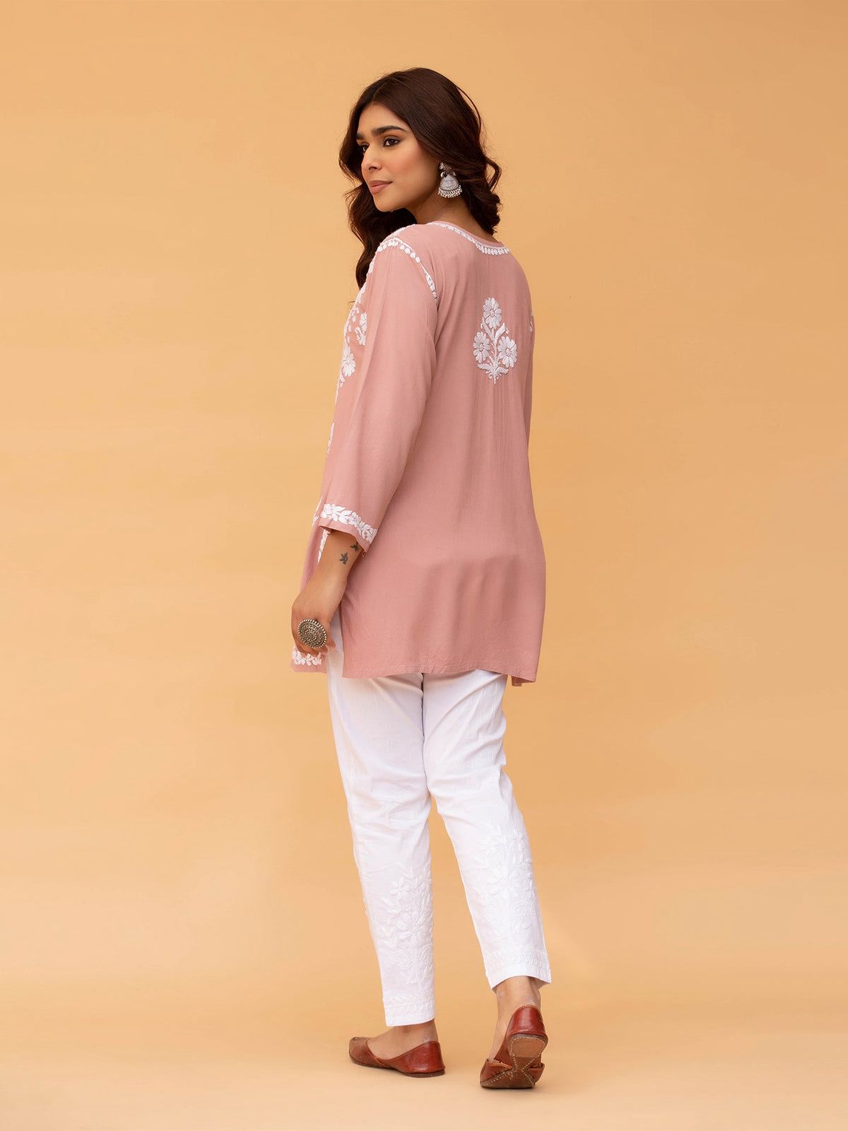 Chikankari Short Kurta in Rayon cotton - Peach