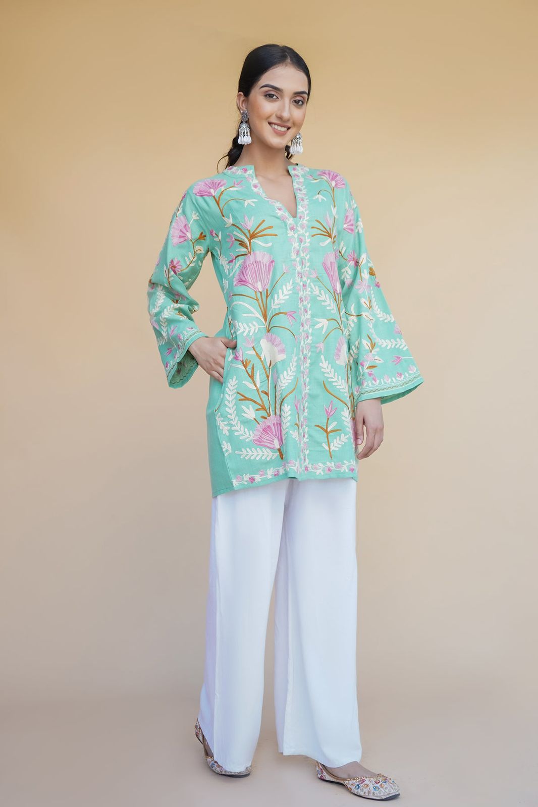 Kashmiri Aari Work Cotton Kurta Jacket – Pista Green