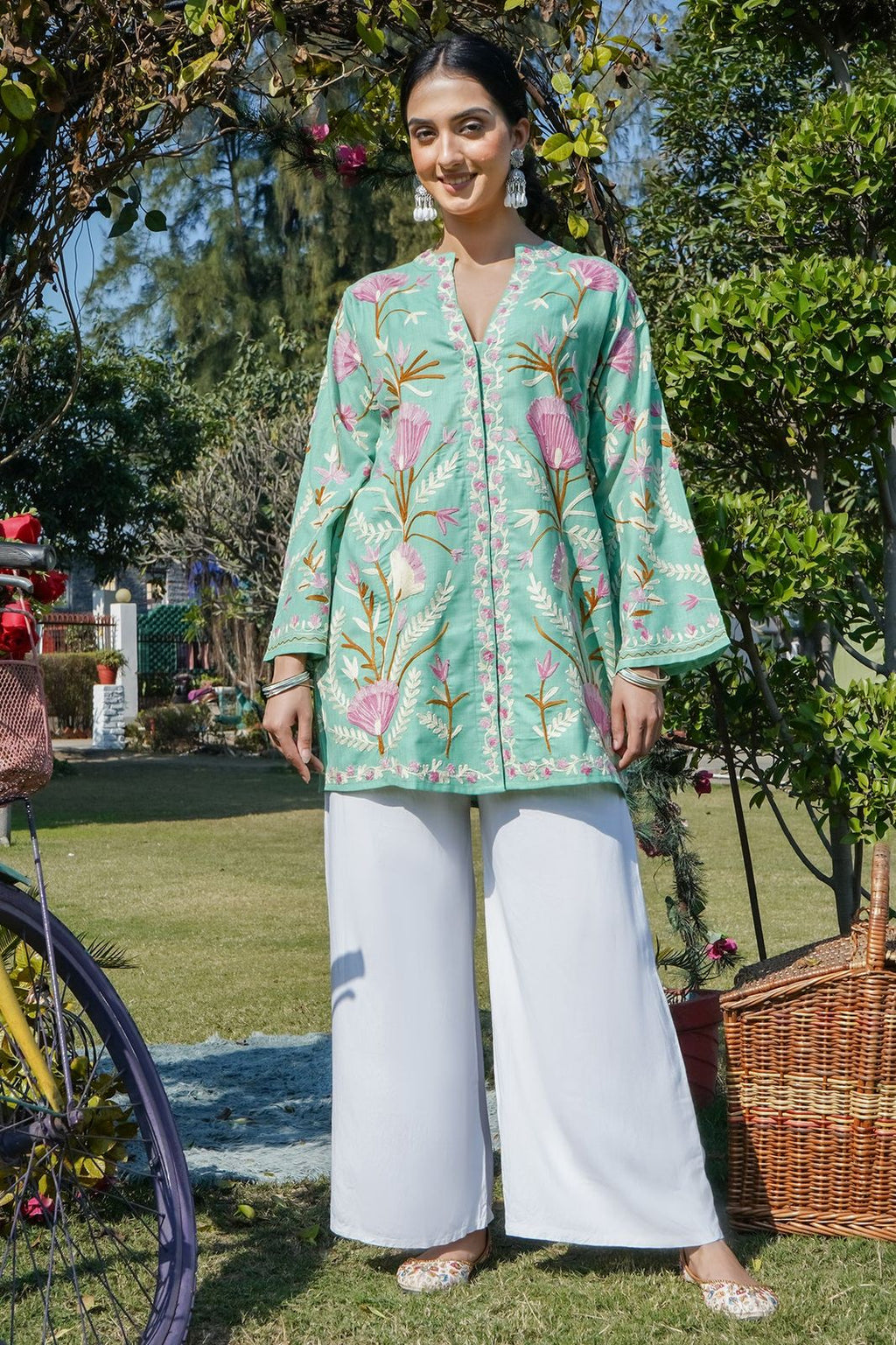 Kashmiri Aari Work Cotton Kurta Jacket – Pista Green