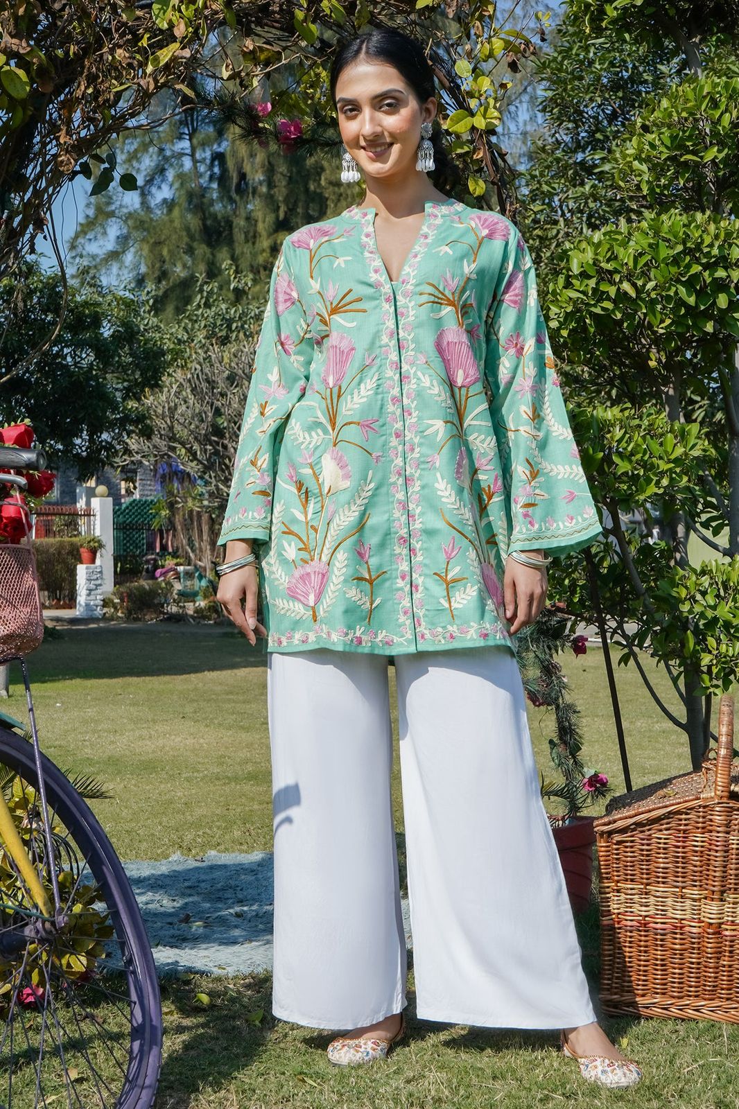 Kashmiri Aari Work Cotton Kurta Jacket – Pista Green
