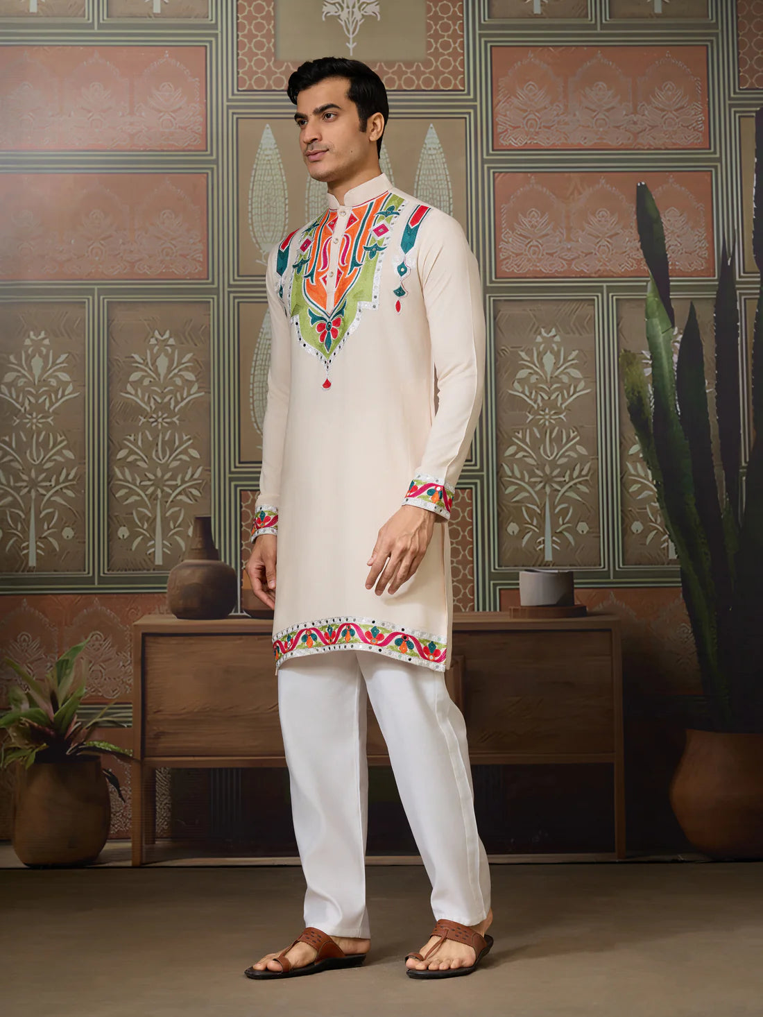 Cream Pure Cotton Kurta with Multi-Thread & Real Mirror Work