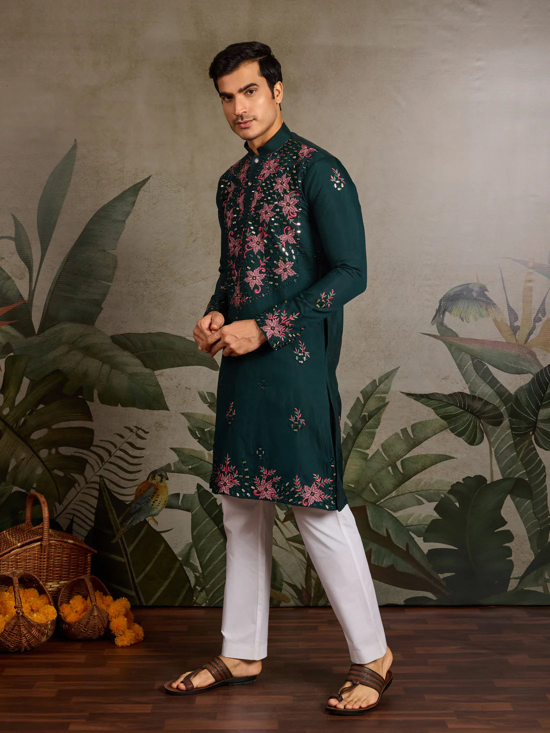 Green Floral Embroidered Kurta for Men | Festive & Wedding Wear