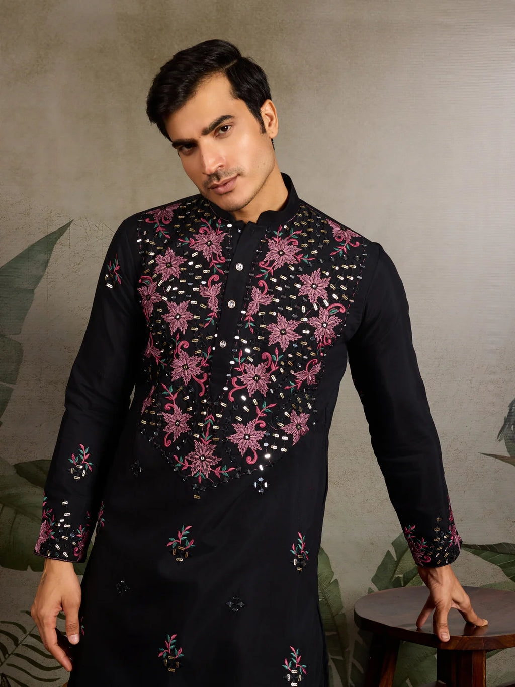 Black Floral Embroidered Kurta for Men | Festive & Party Wear