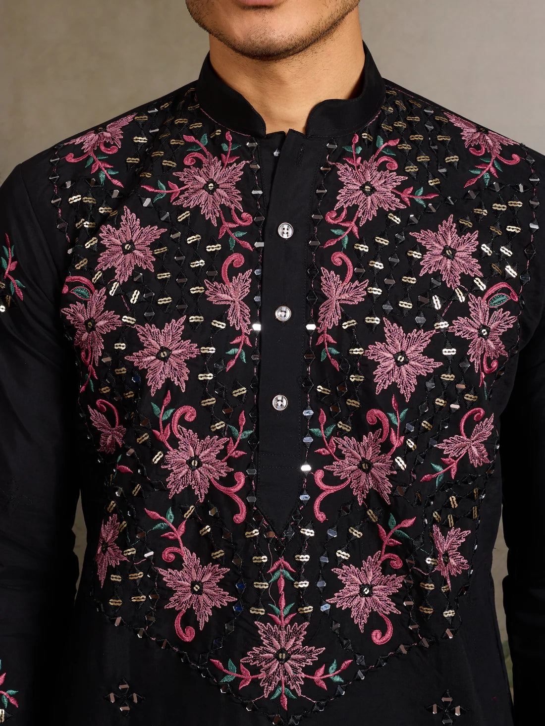 Black Floral Embroidered Kurta for Men | Festive & Party Wear