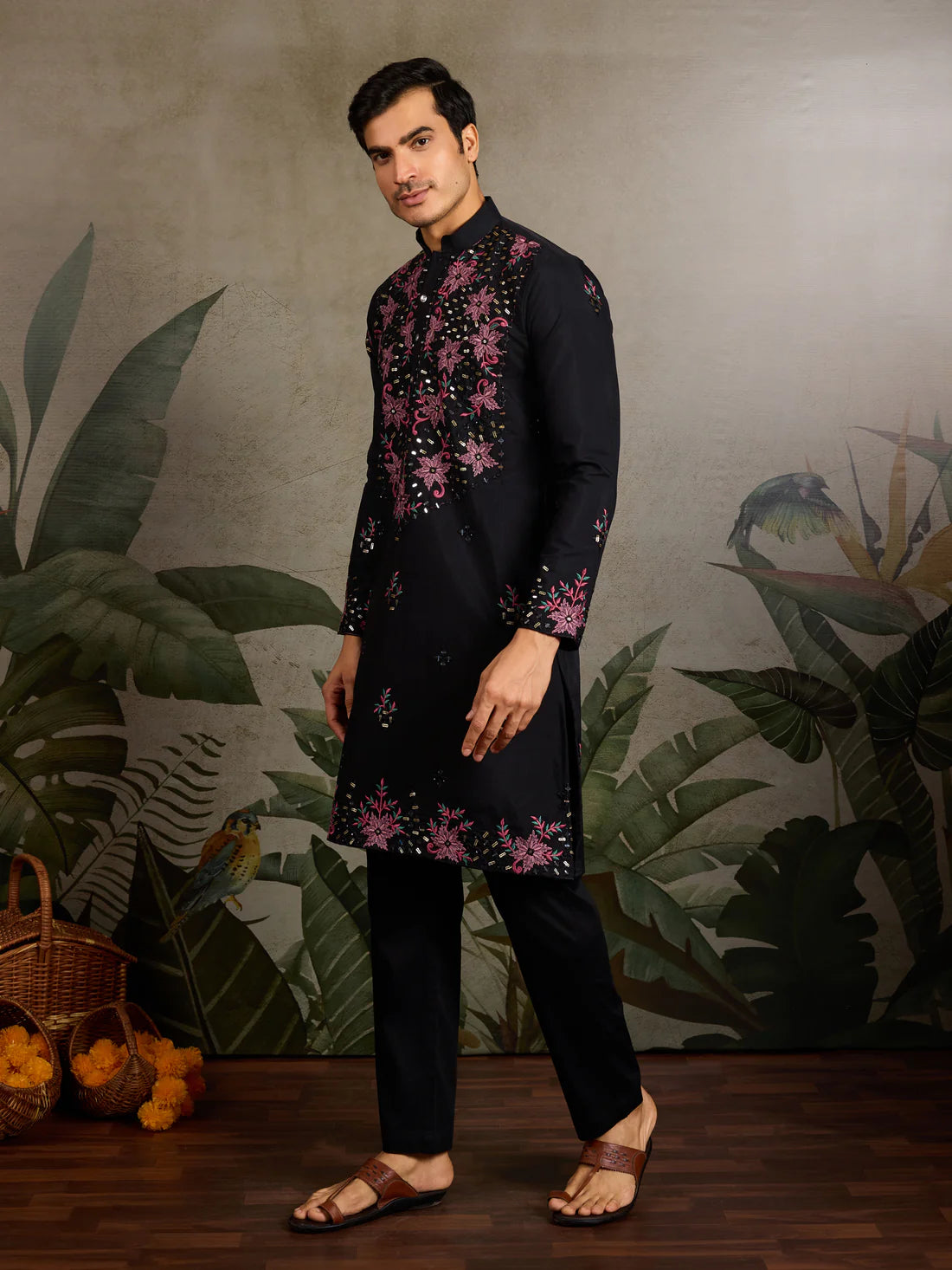 Black Floral Embroidered Kurta for Men | Festive & Party Wear