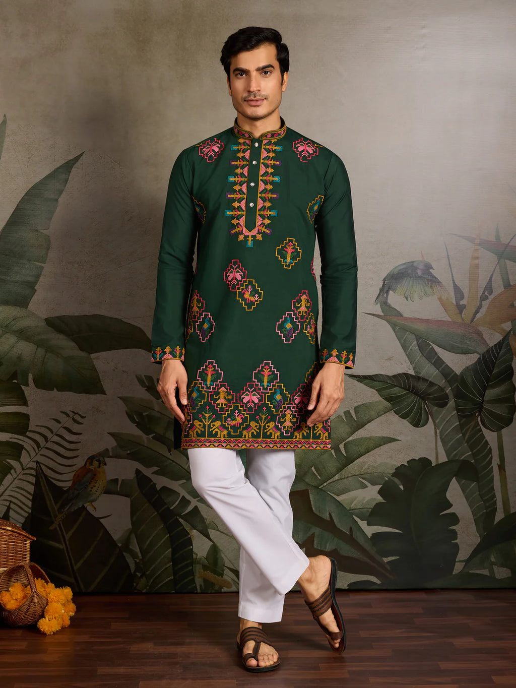 Elegant Dark Green Embroidered Kurta for Men – Traditional Festive Wear