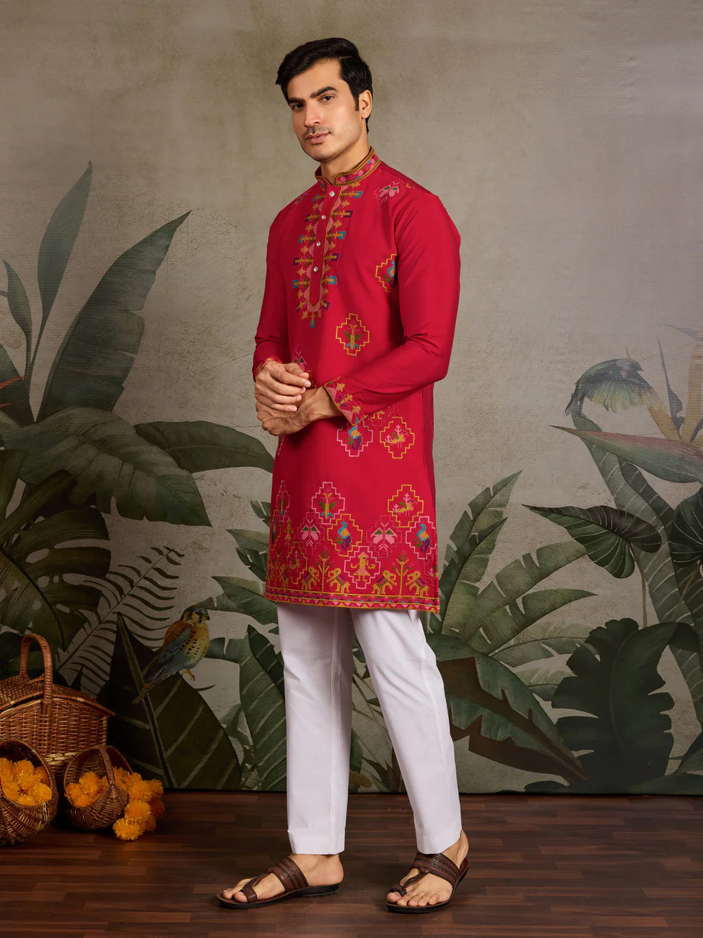Crimson Heritage:- Red Embroidered Festive Kurta for Men