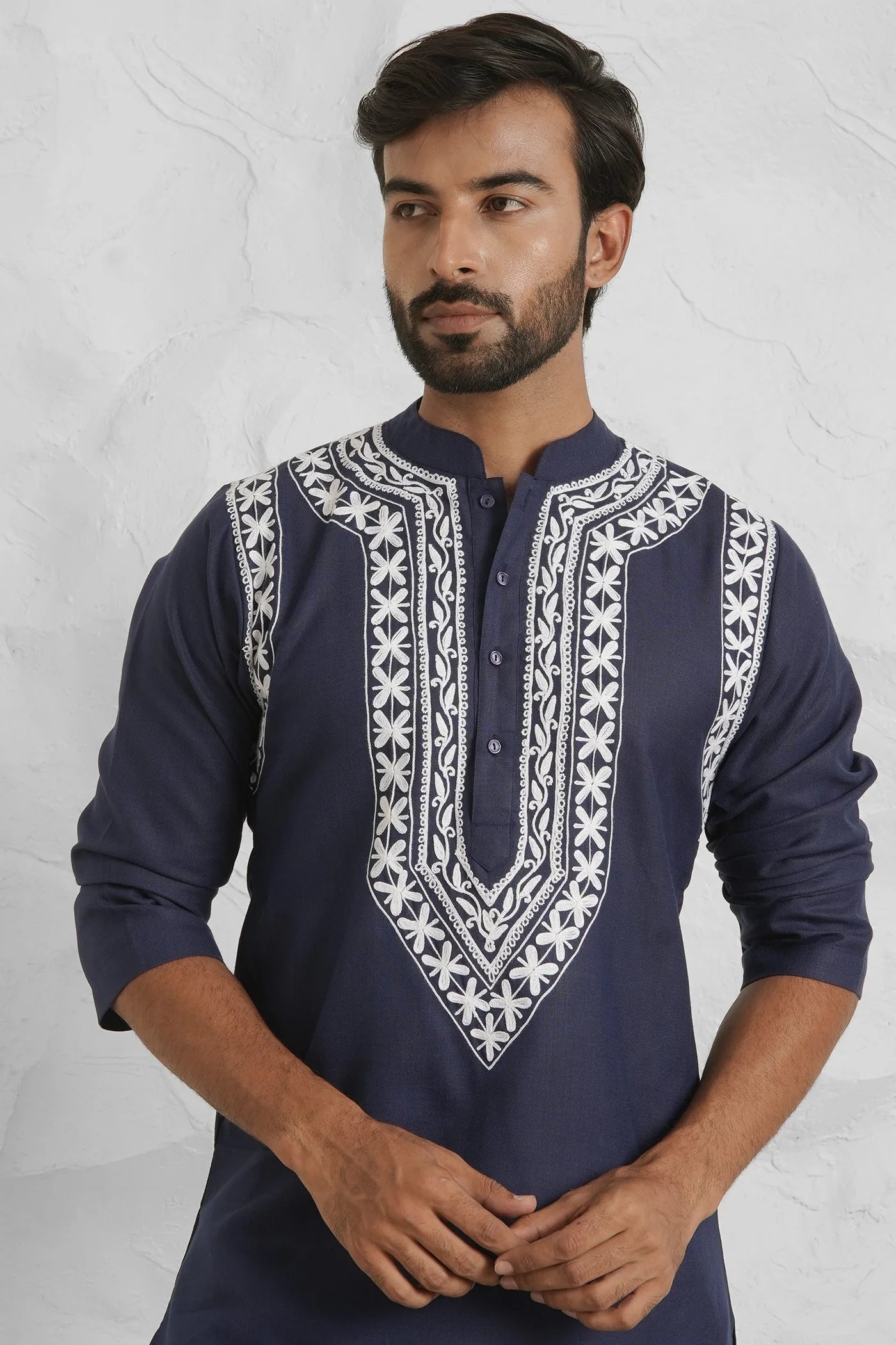 Cotton Aari Work Kurta for Men – Navy Blue