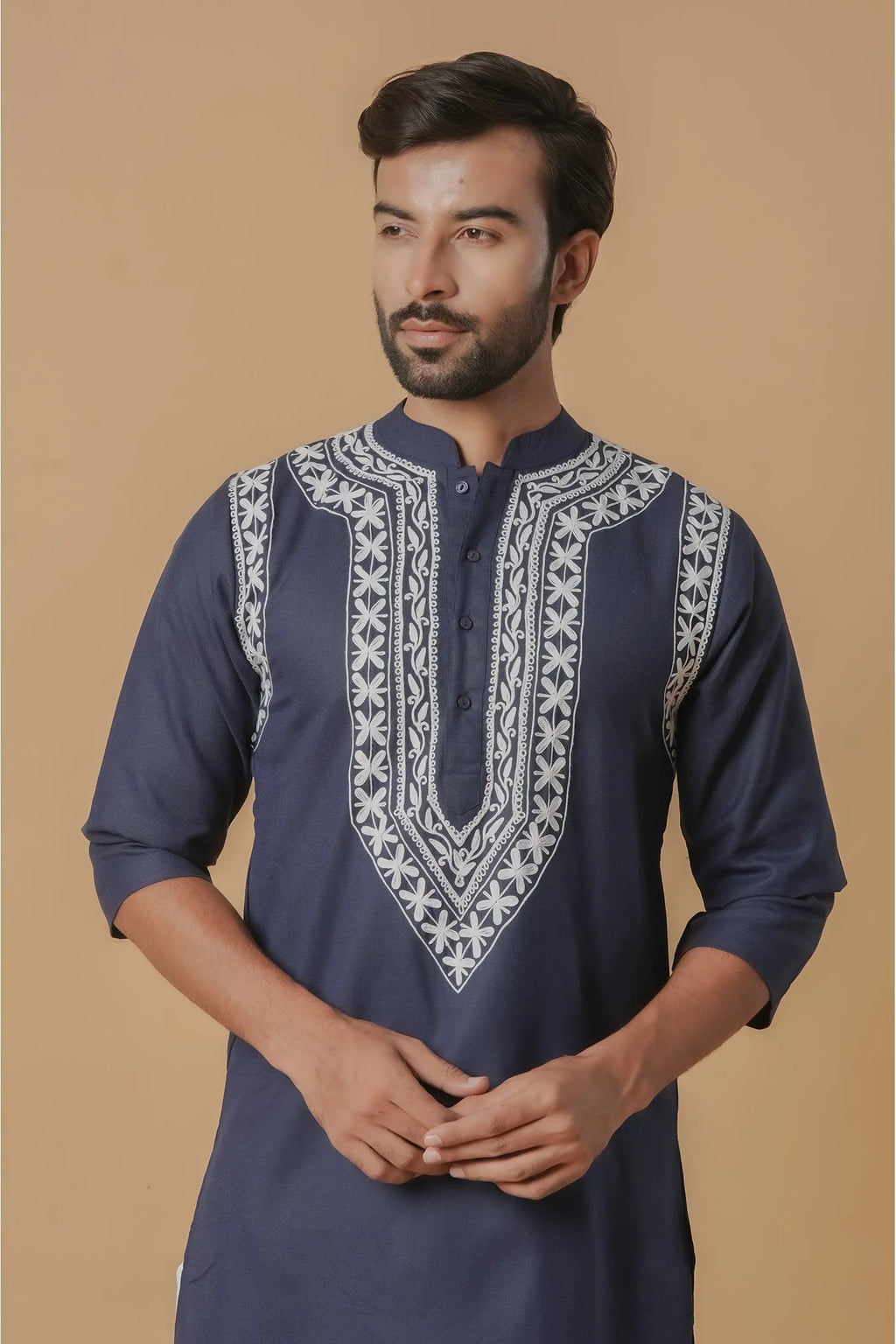 Cotton Aari Work Kurta for Men – Navy Blue