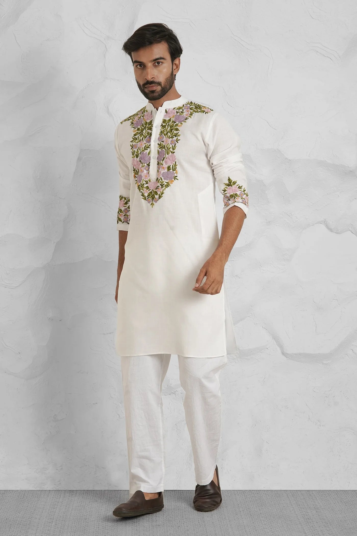 Cotton Aari Work Kurta for Men – White with Multicolor Embroidery