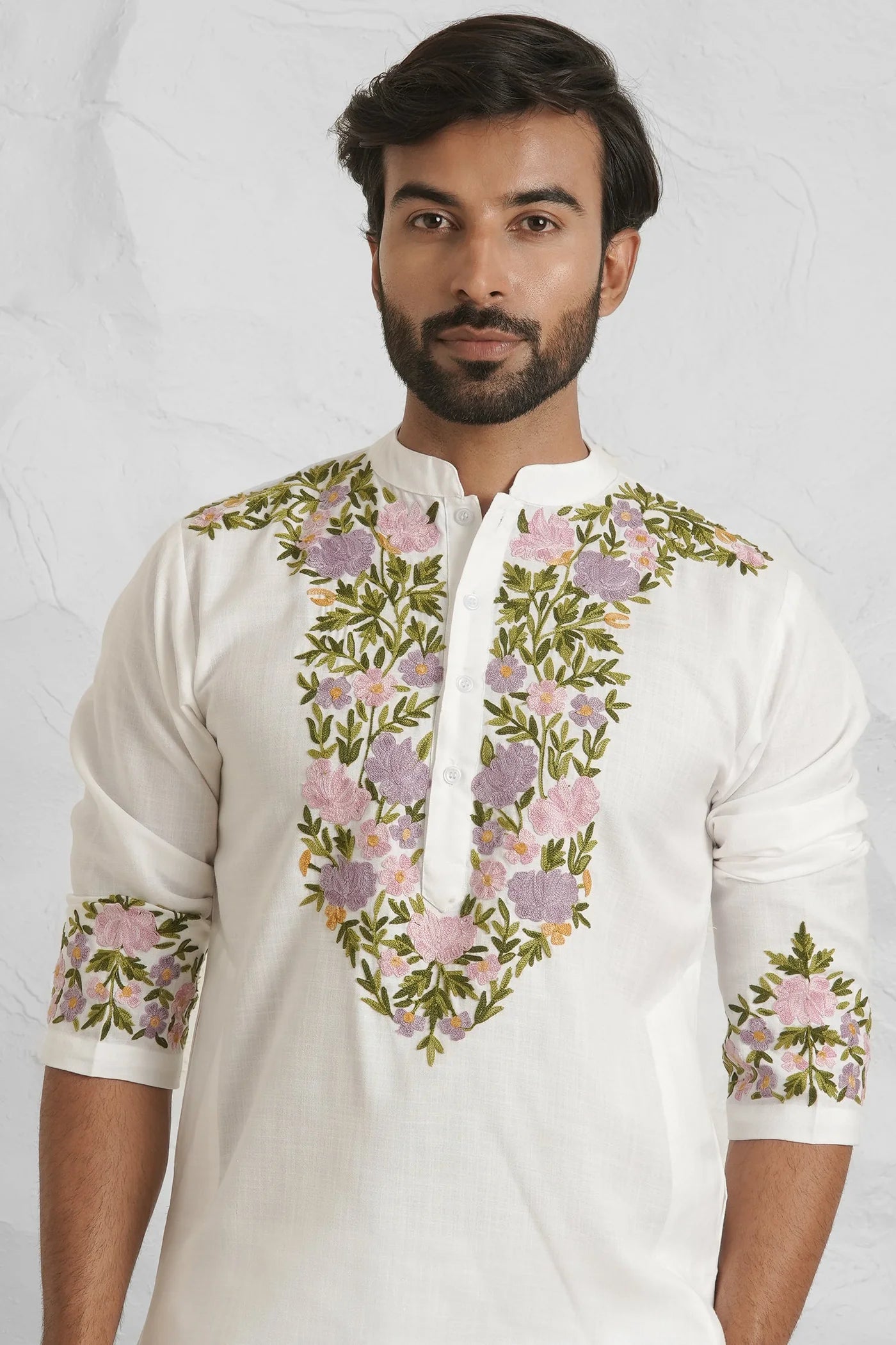 Cotton Aari Work Kurta for Men – White with Multicolor Embroidery