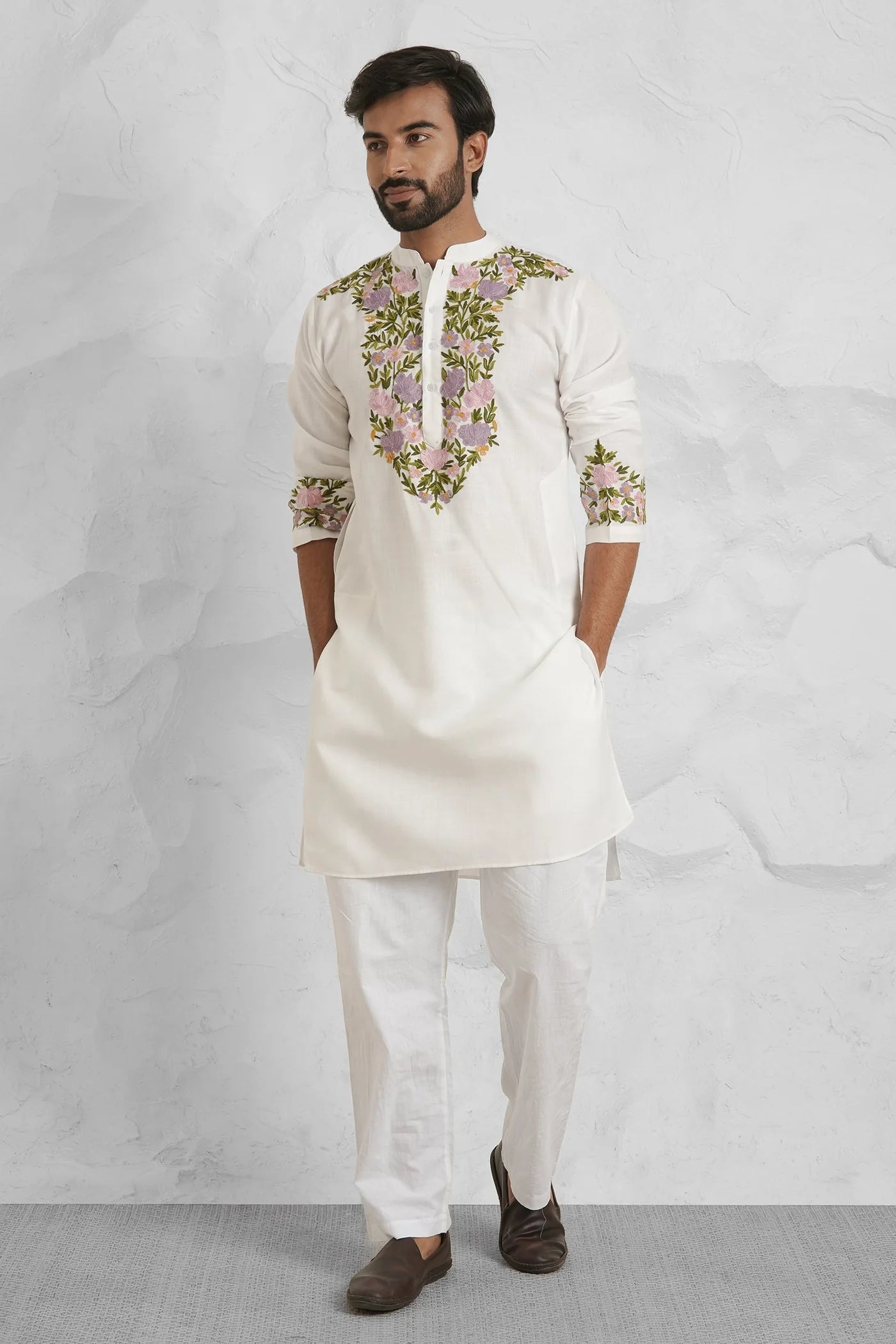 Cotton Aari Work Kurta for Men – White with Multicolor Embroidery