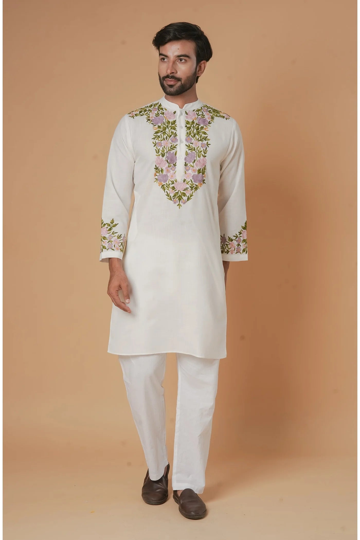 Cotton Aari Work Kurta for Men – White with Multicolor Embroidery
