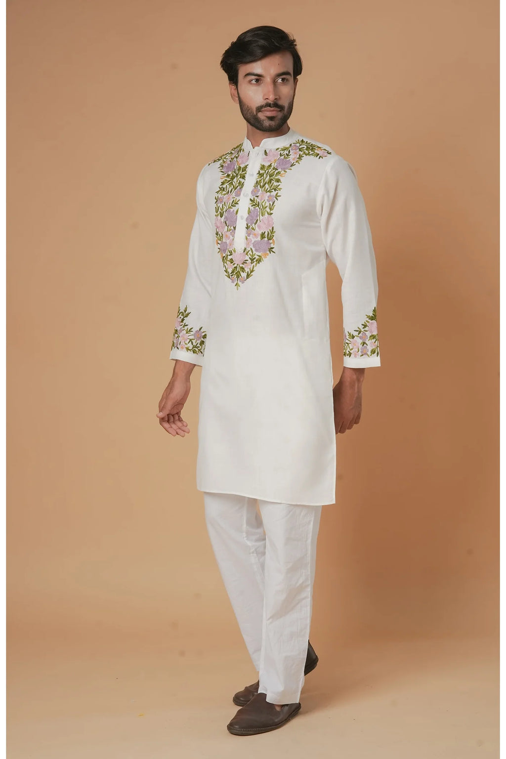 Cotton Aari Work Kurta for Men – White with Multicolor Embroidery