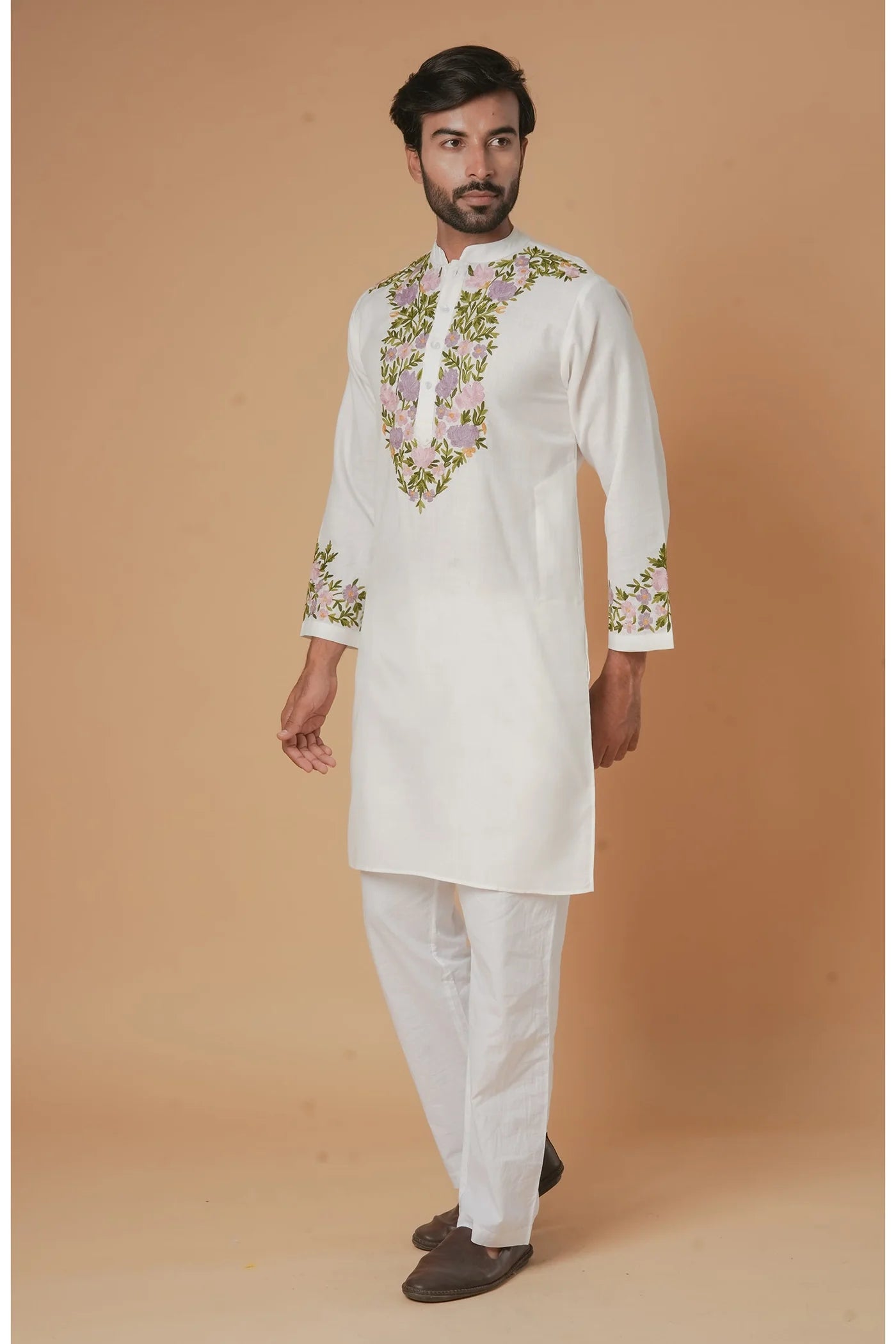 Cotton Aari Work Kurta for Men – White with Multicolor Embroidery
