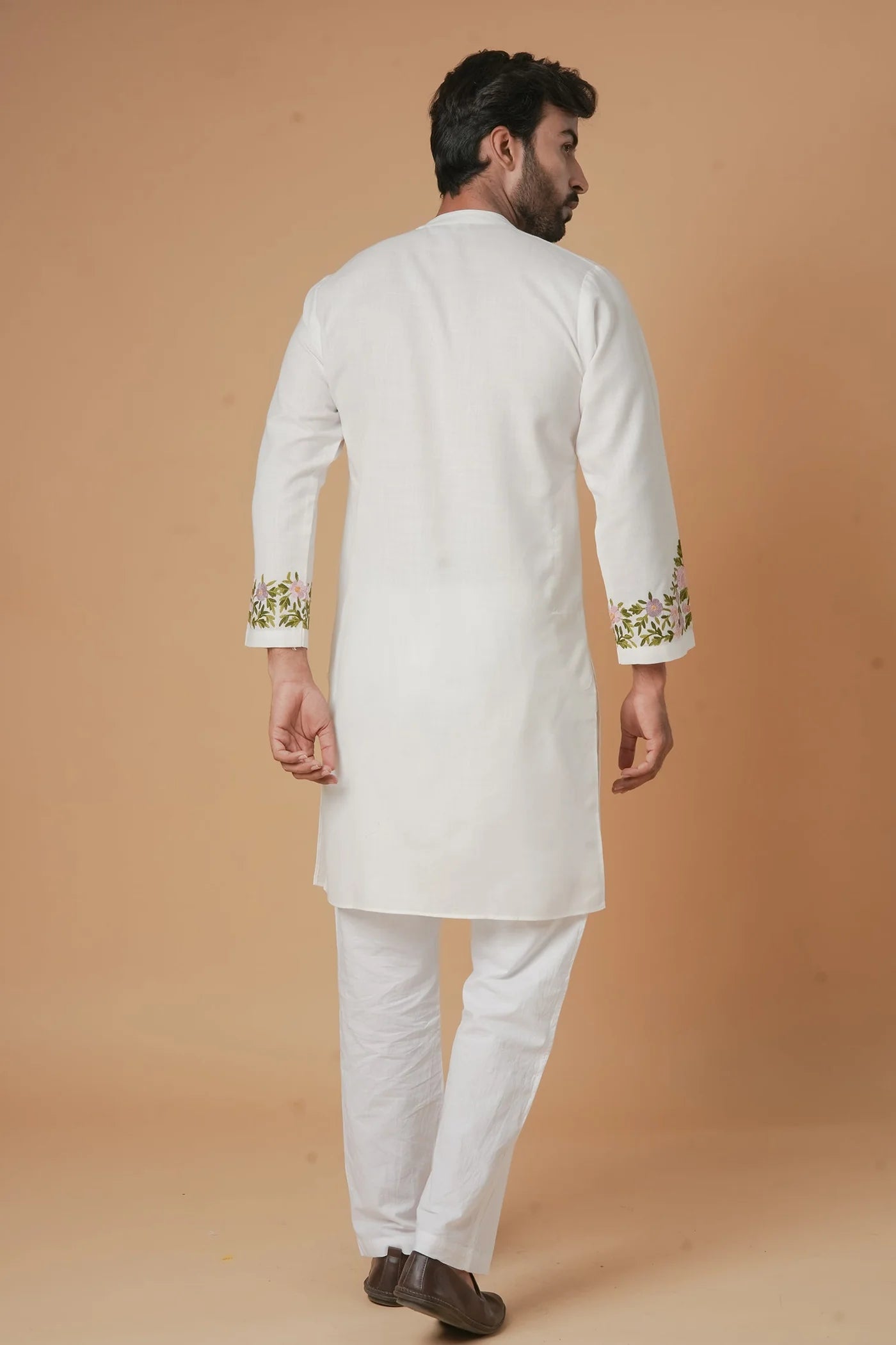Cotton Aari Work Kurta for Men – White with Multicolor Embroidery