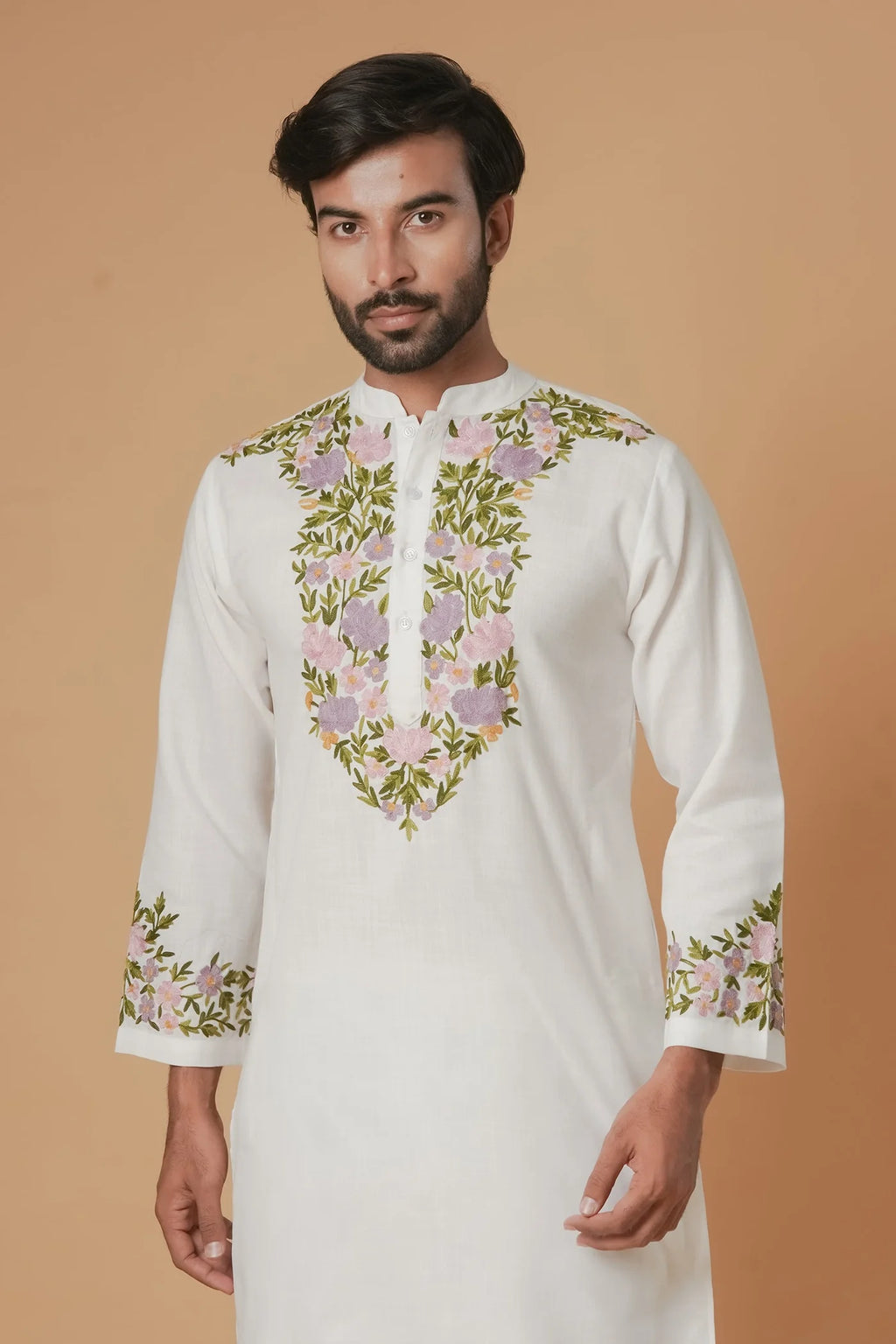 Cotton Aari Work Kurta for Men – White with Multicolor Embroidery