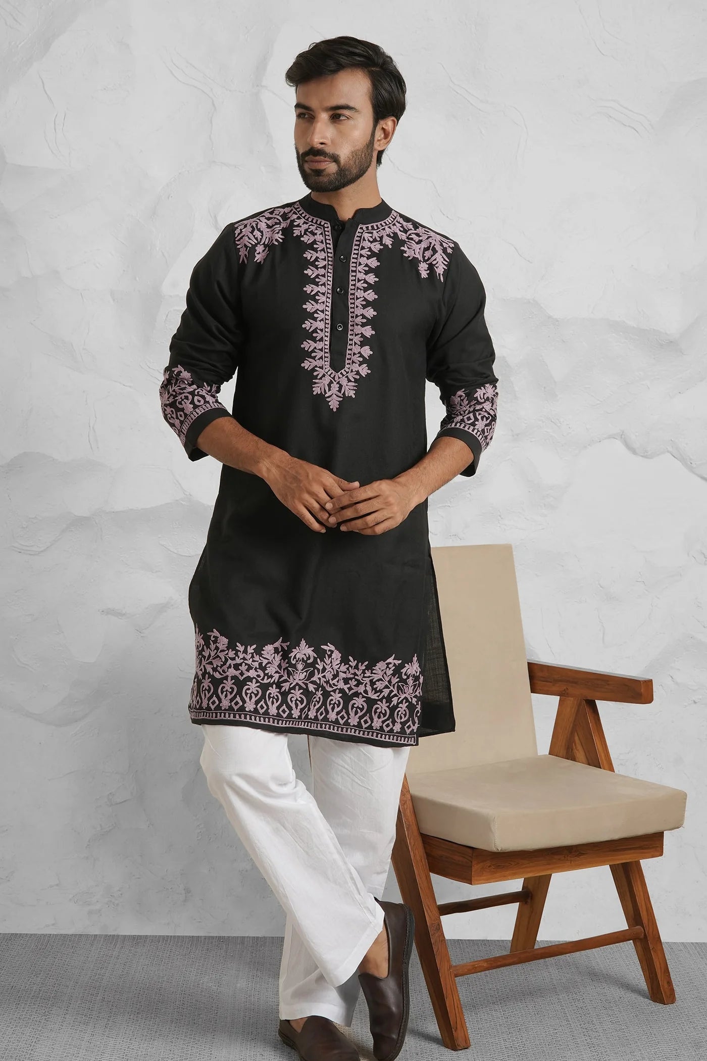 Cotton Aari Work Kurta for Men – Black with Mauve Embroidery