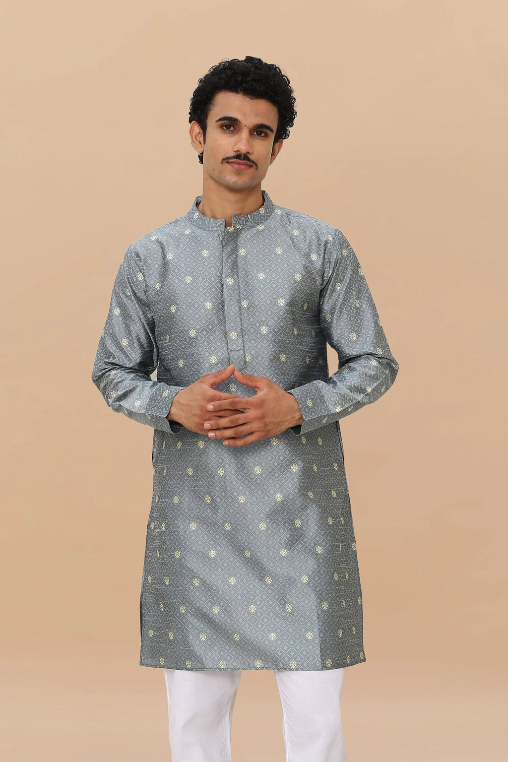 Men's Kurta In Jacquard Self Grey
