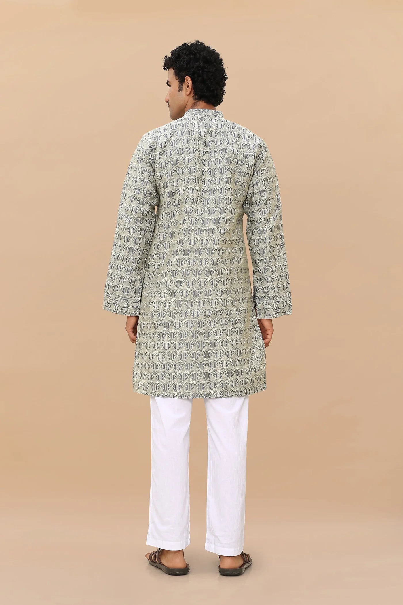 Men's Kurta In Jacquard Self Grey Blue