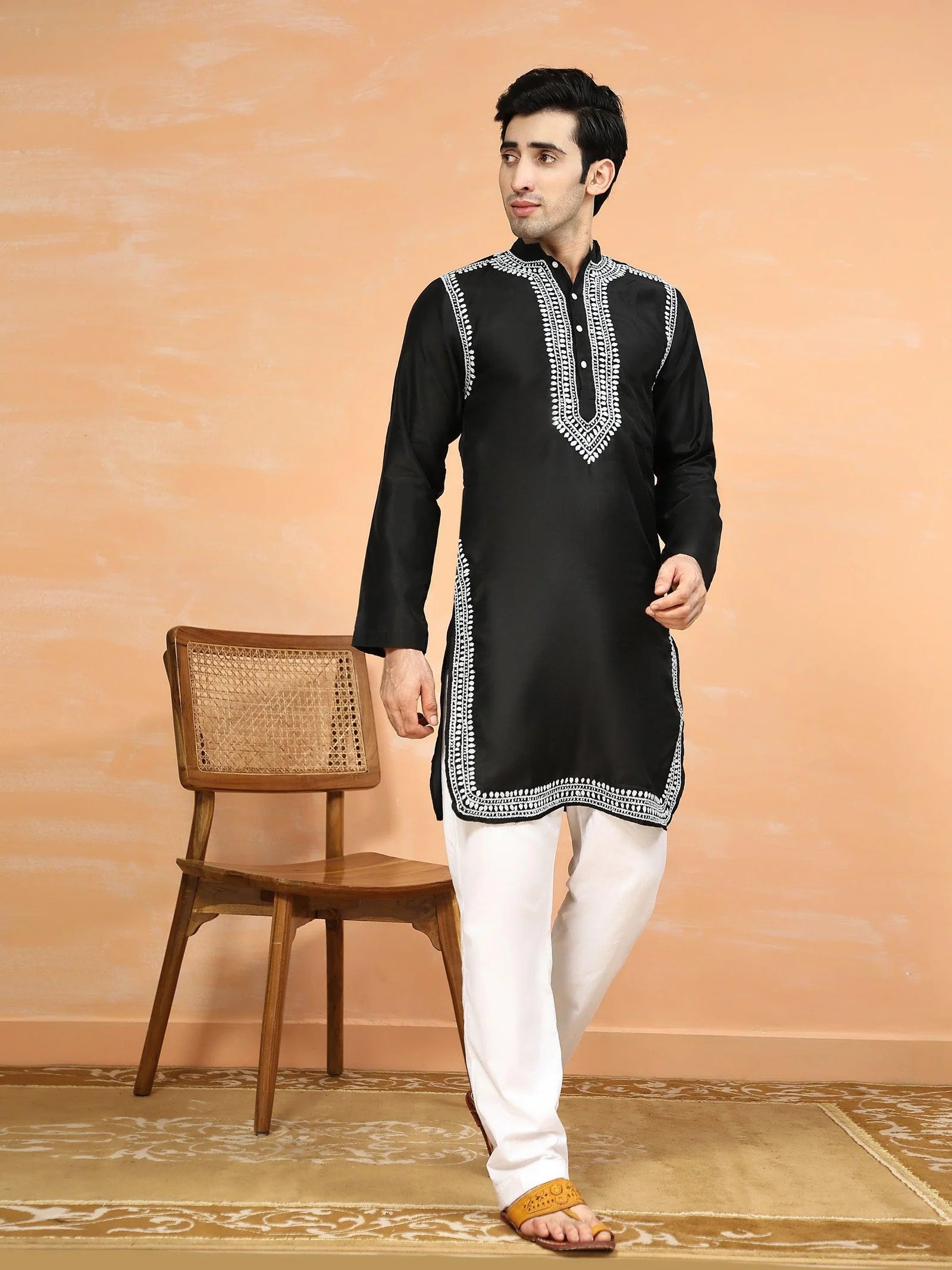 Men's Chikankari Kurta in Chanderi Silk - Black