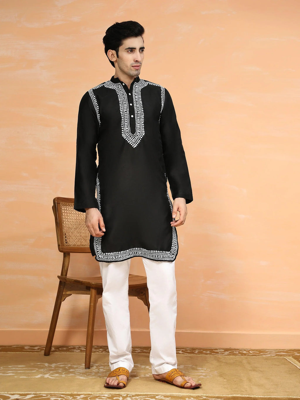 Men's Chikankari Kurta in Chanderi Silk - Black