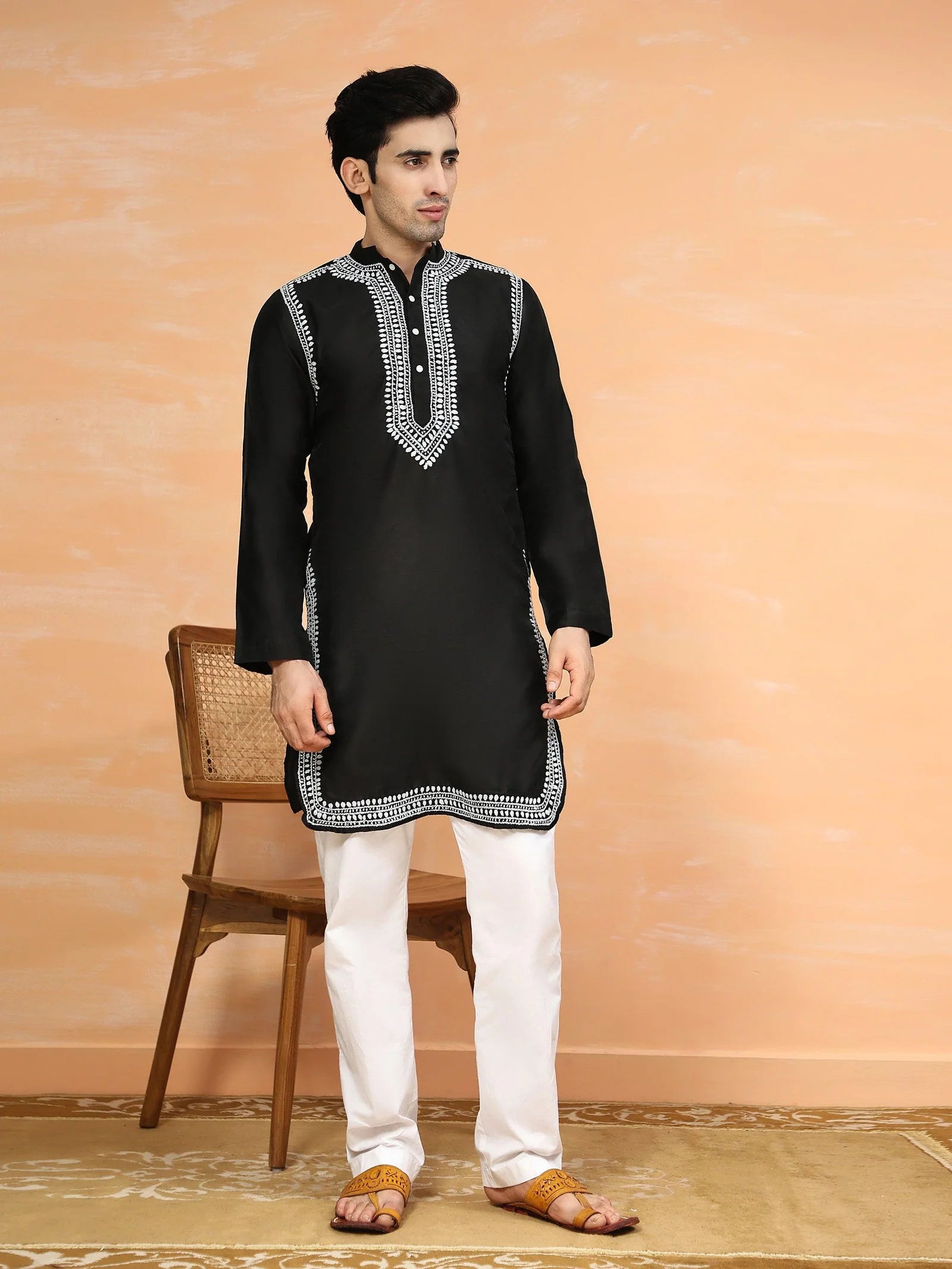 Men's Chikankari Kurta in Chanderi Silk - Black