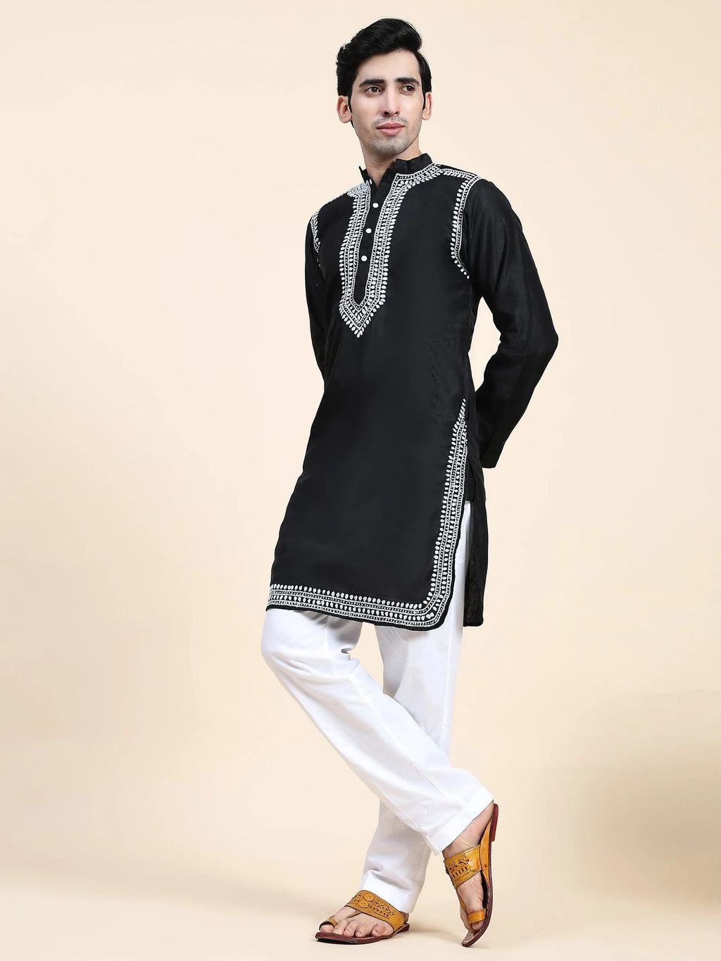 Men's Chikankari Kurta in Chanderi Silk - Black