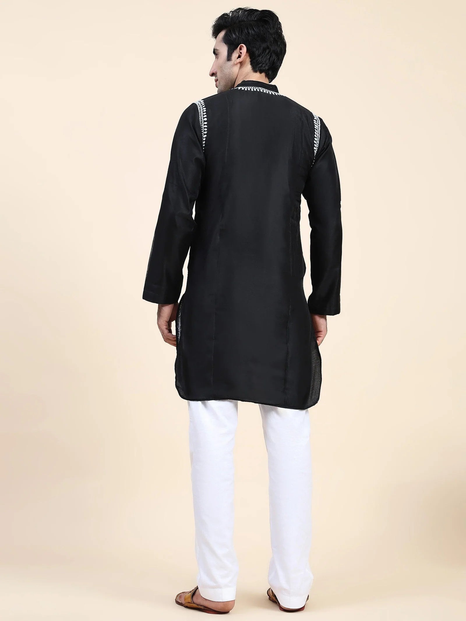 Men's Chikankari Kurta in Chanderi Silk - Black