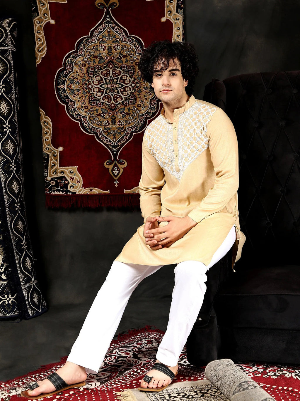 Men's Chikankari Kurta in Cotton Silk Blend - Beige