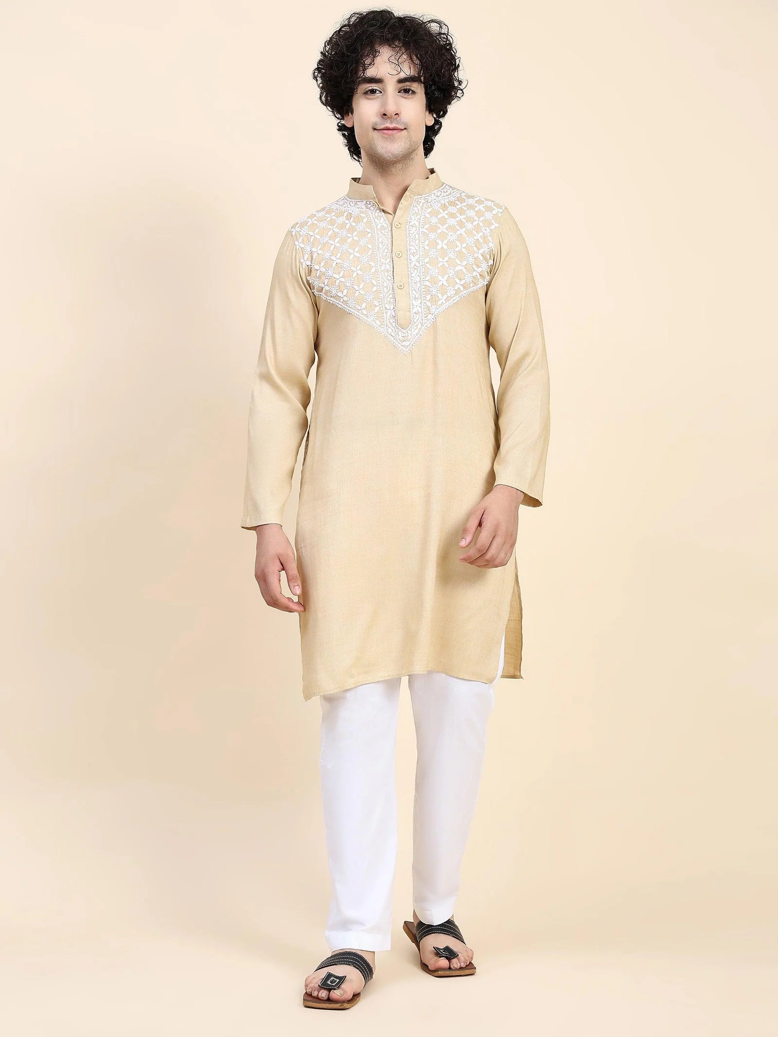 Men's Chikankari Kurta in Cotton Silk Blend - Beige
