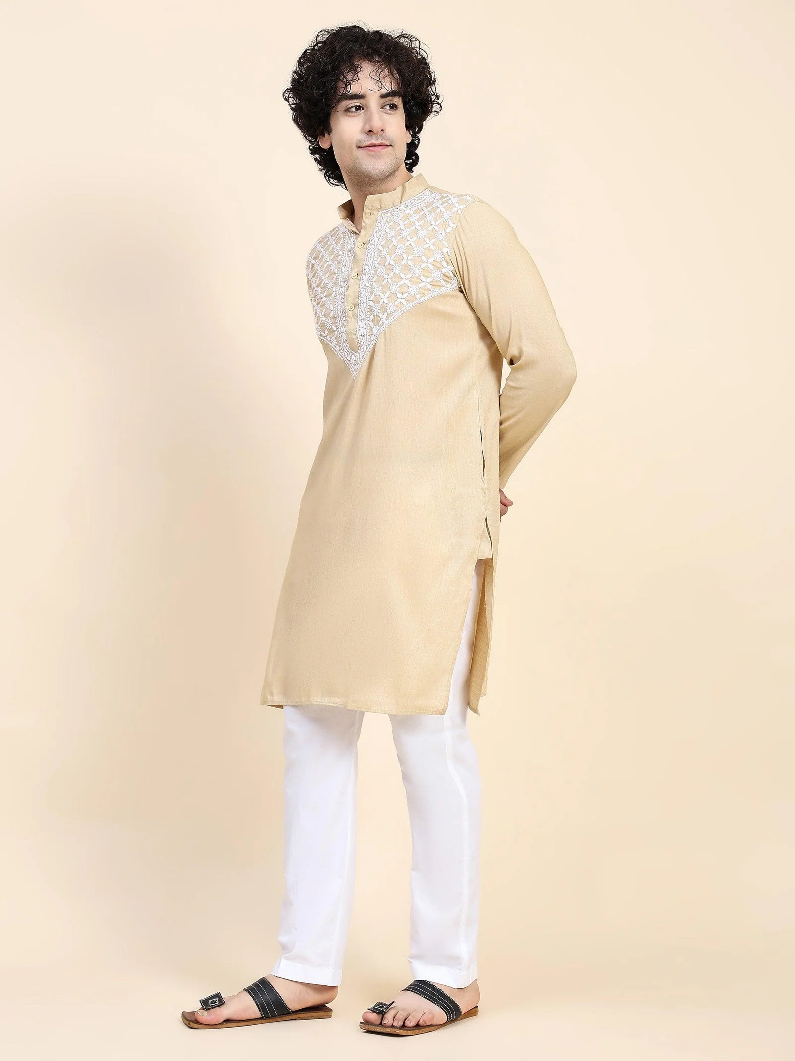 Men's Chikankari Kurta in Cotton Silk Blend - Beige