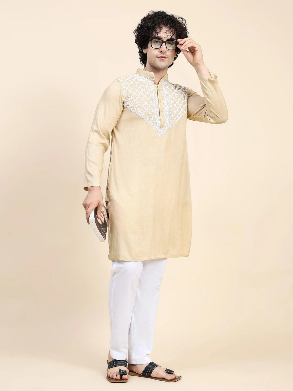 Men's Chikankari Kurta in Cotton Silk Blend - Beige