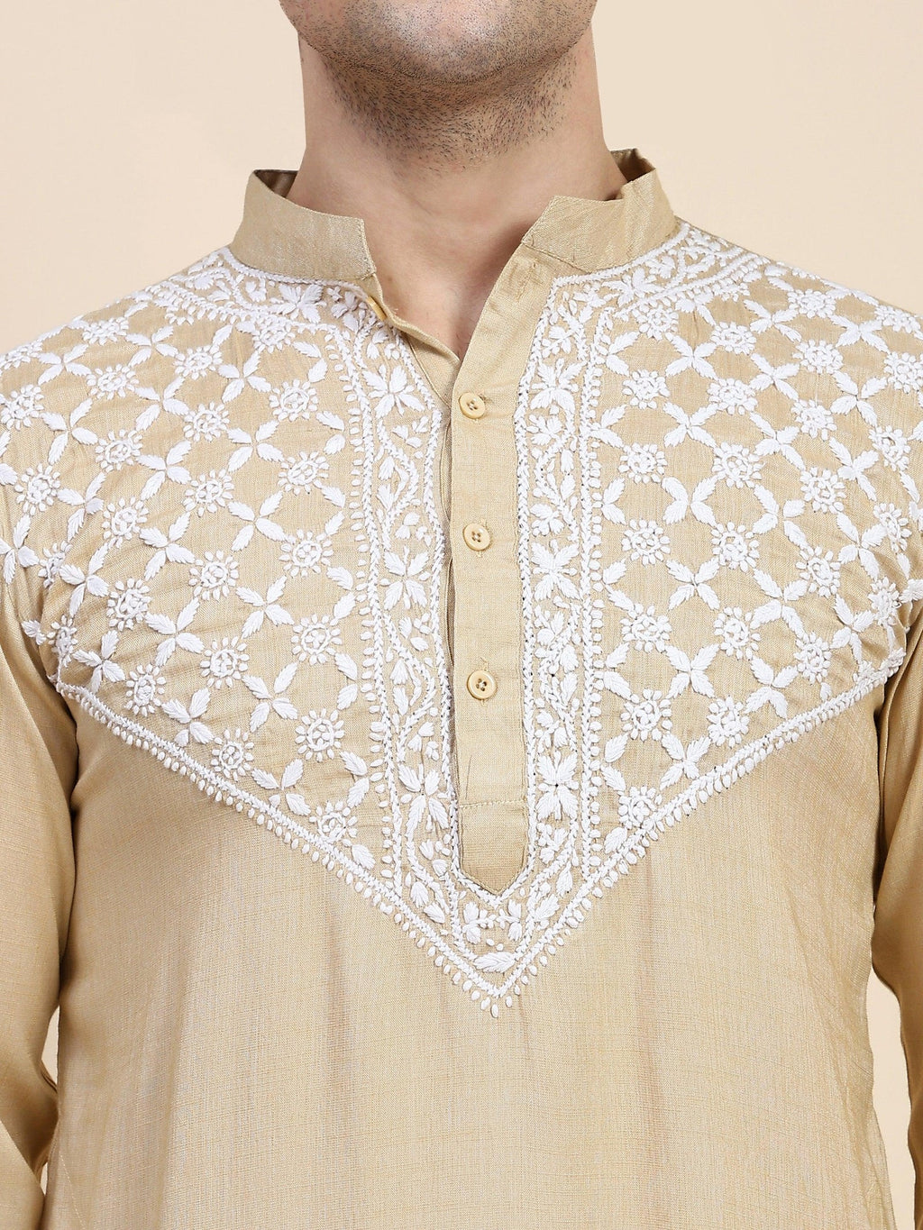 Men's Chikankari Kurta in Cotton Silk Blend - Beige
