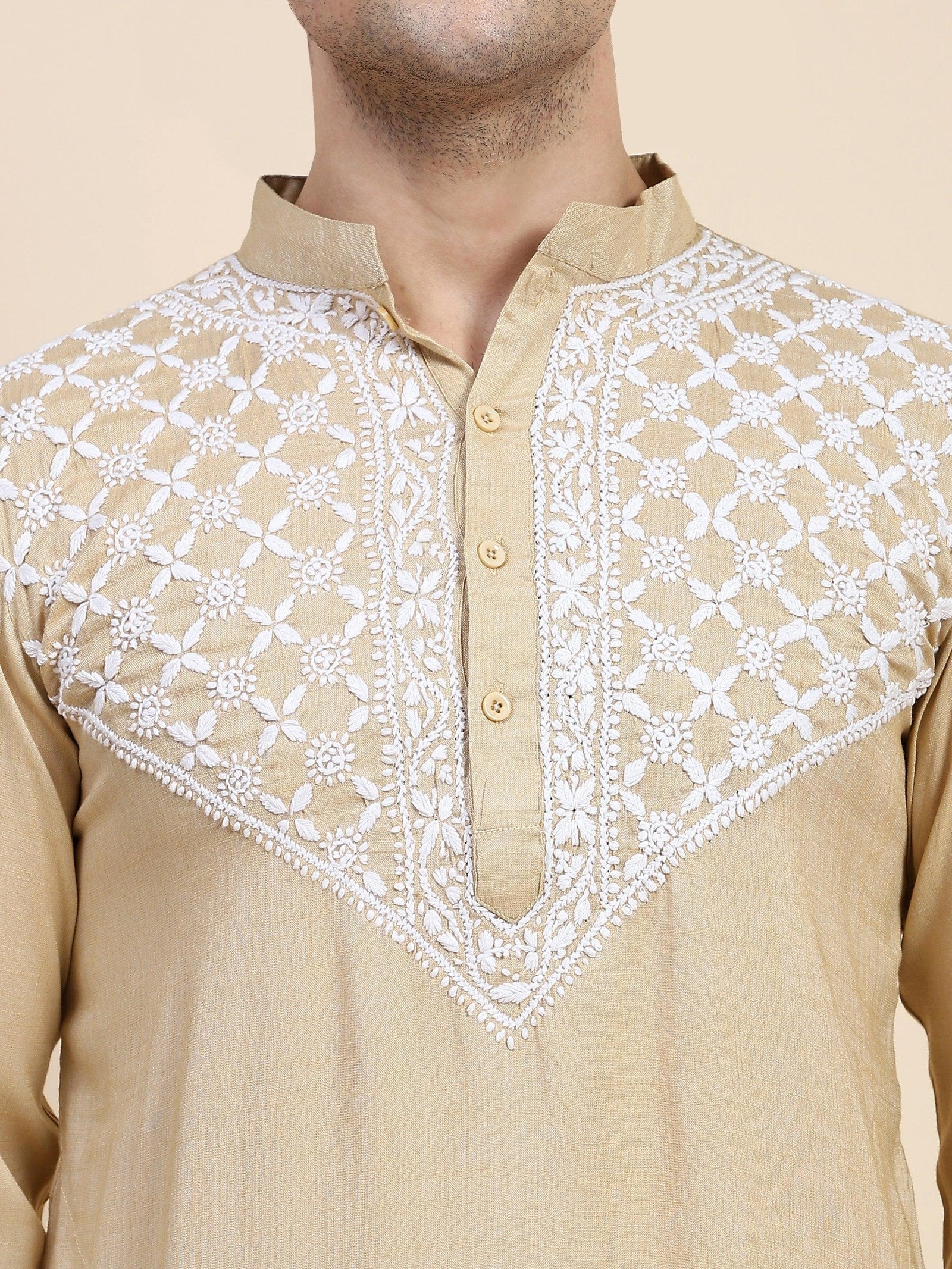 Men's Chikankari Kurta in Cotton Silk Blend - Beige