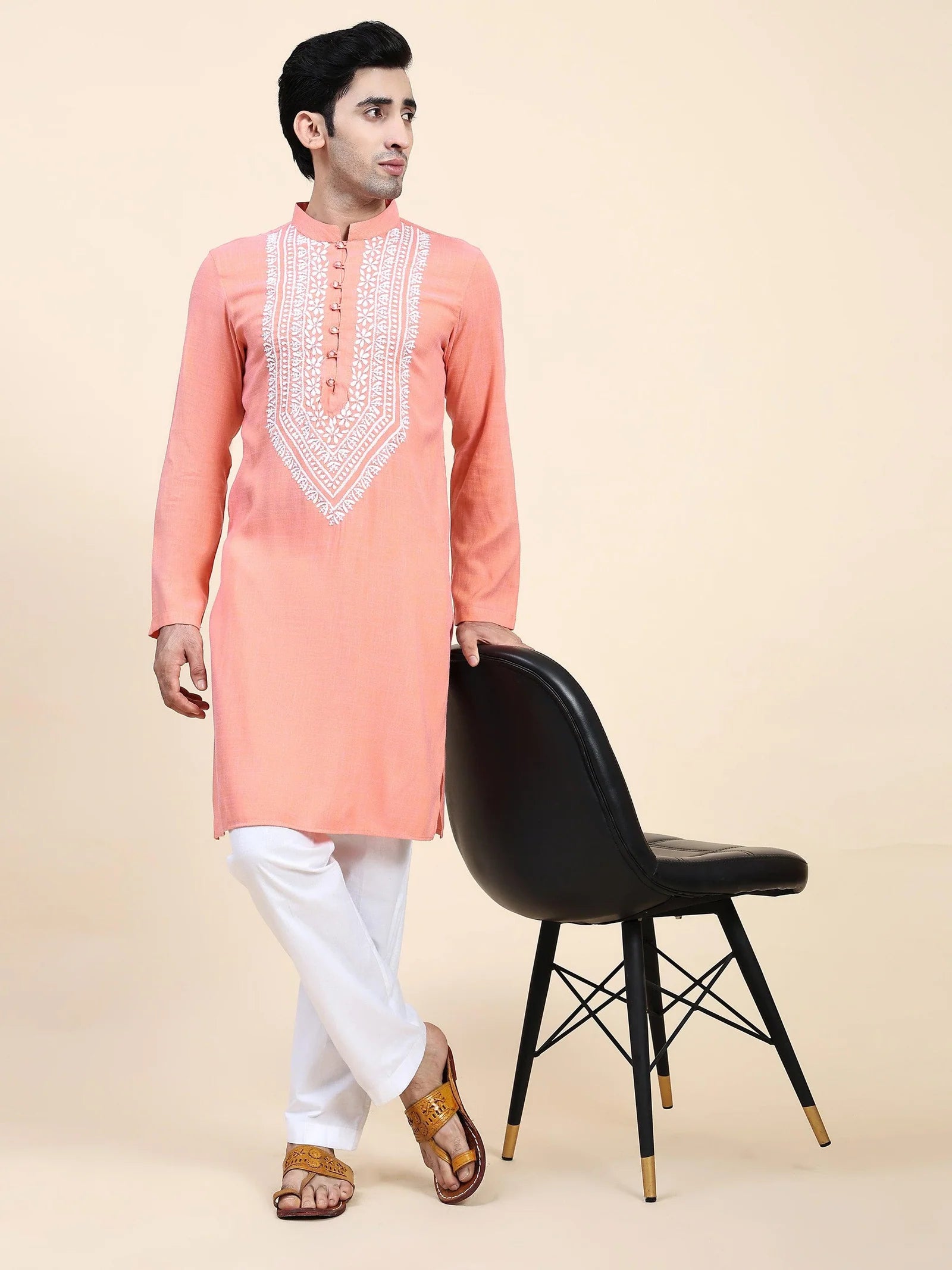 Men's Chikankari Kurta in Cotton Silk Blend - Peach