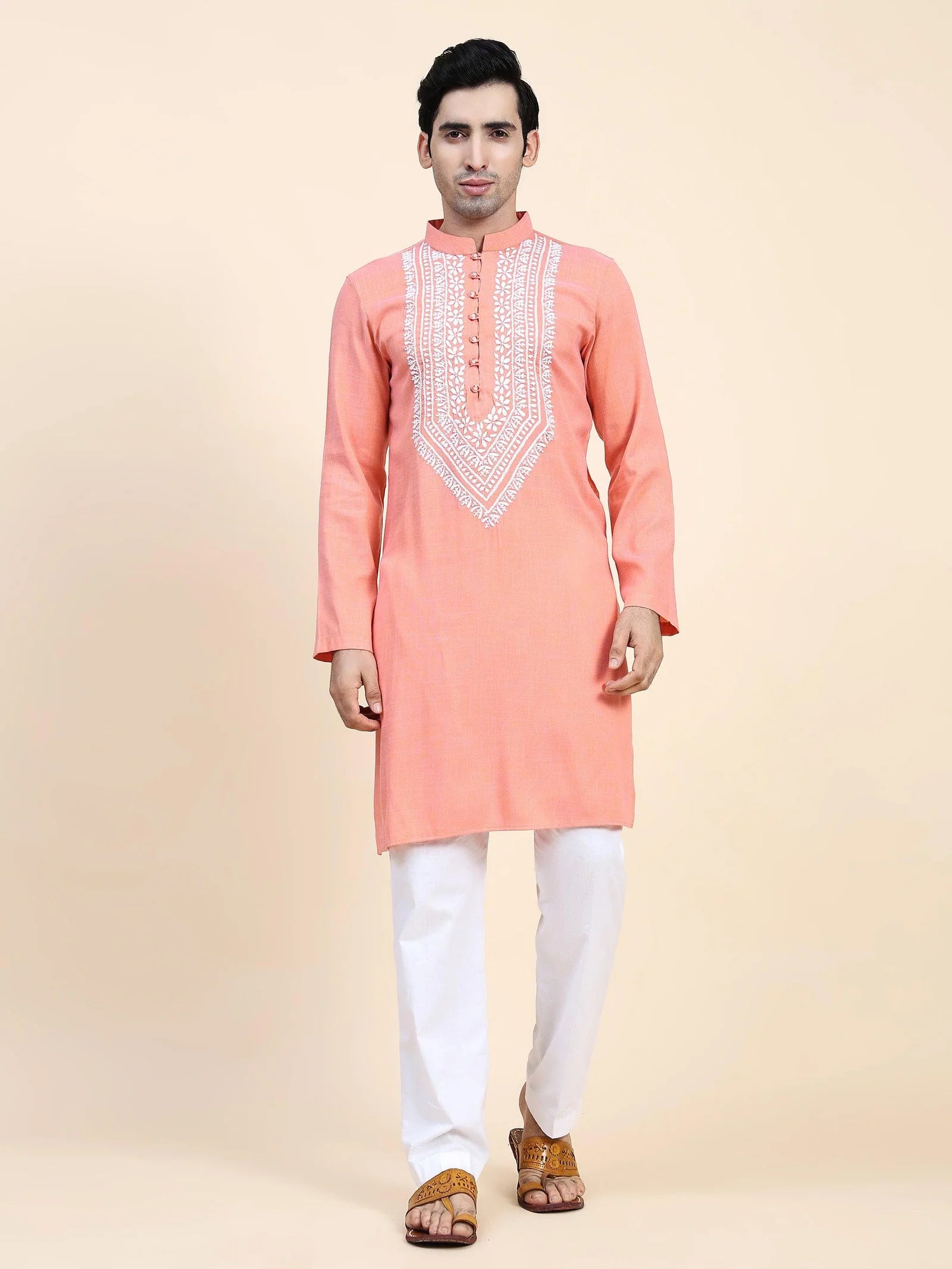 Men's Chikankari Kurta in Cotton Silk Blend - Peach