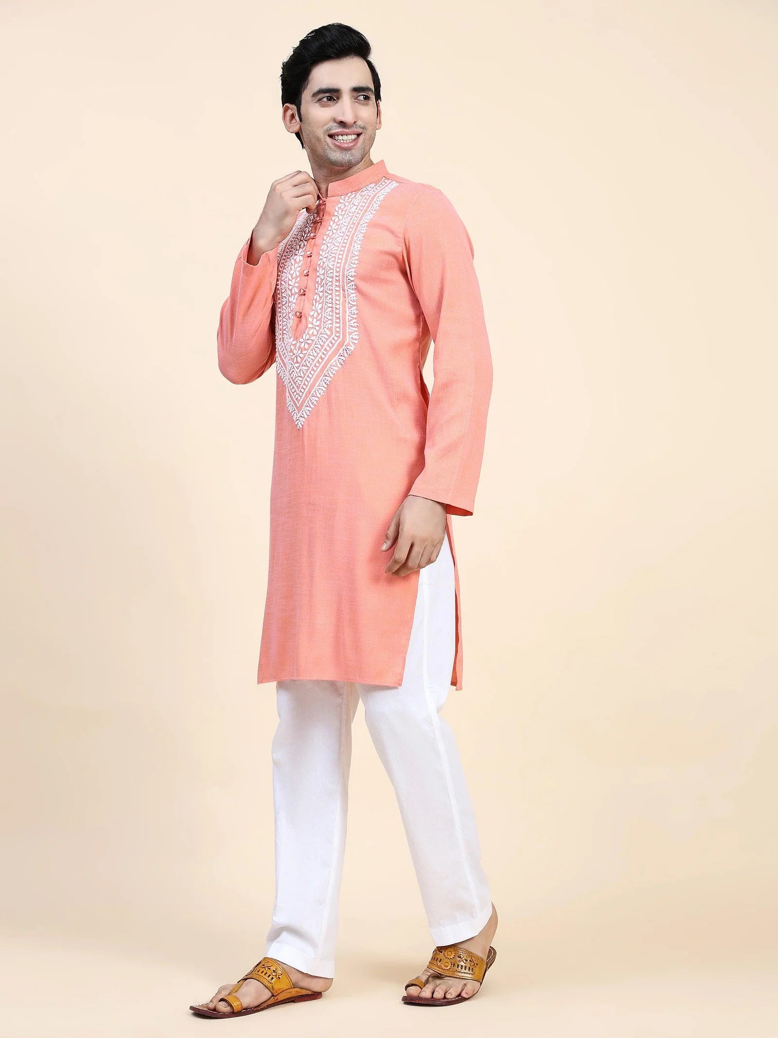 Men's Chikankari Kurta in Cotton Silk Blend - Peach