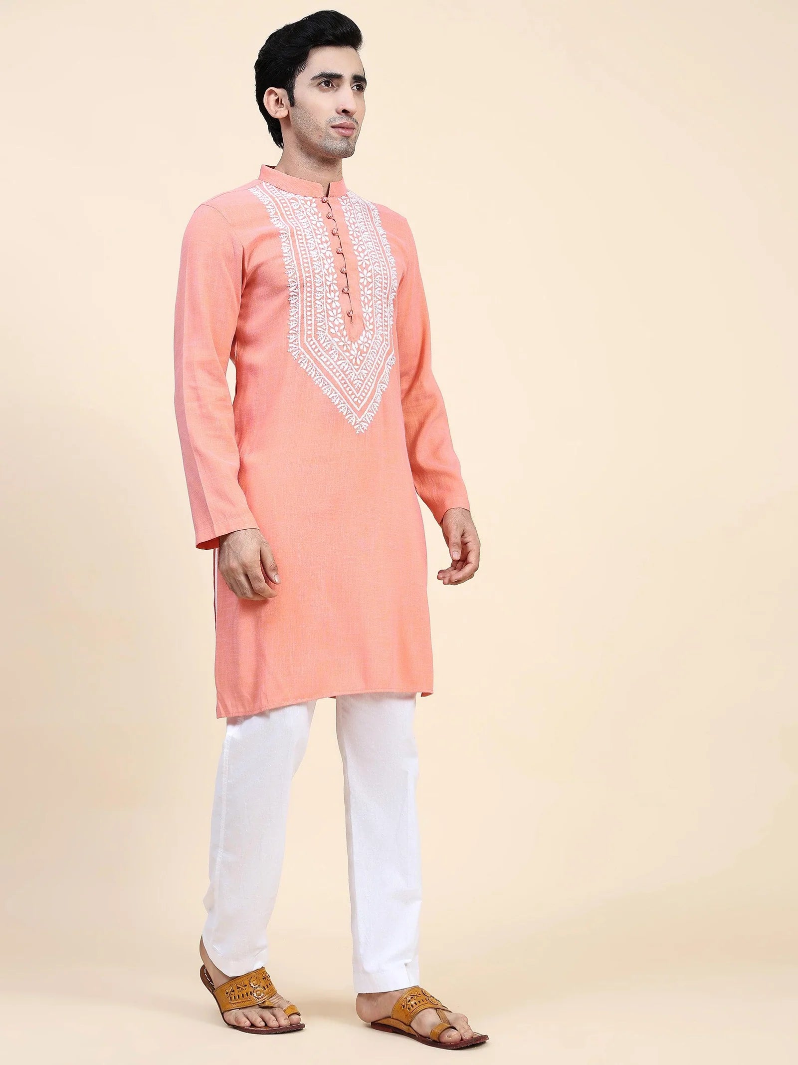 Men's Chikankari Kurta in Cotton Silk Blend - Peach