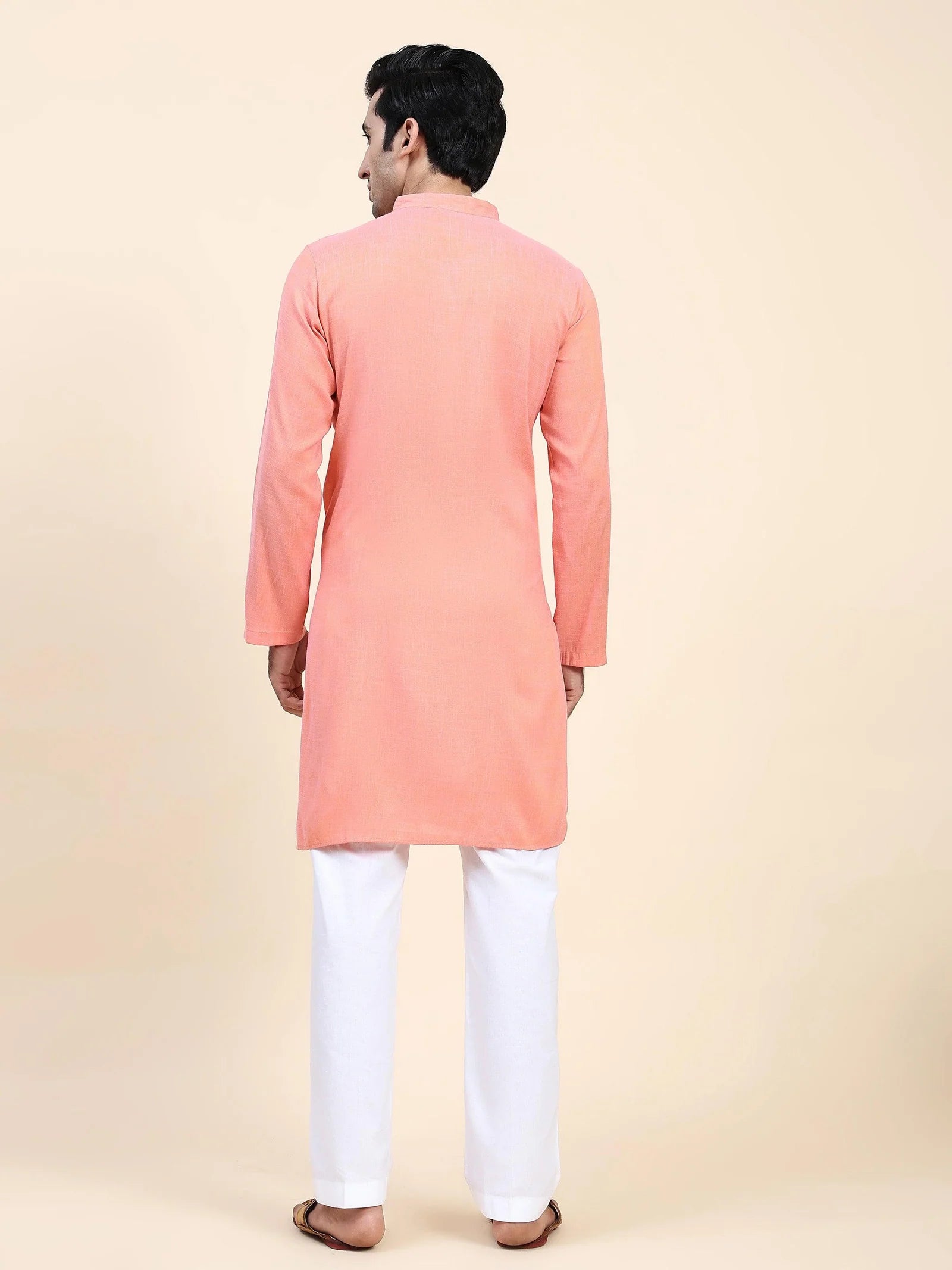 Men's Chikankari Kurta in Cotton Silk Blend - Peach