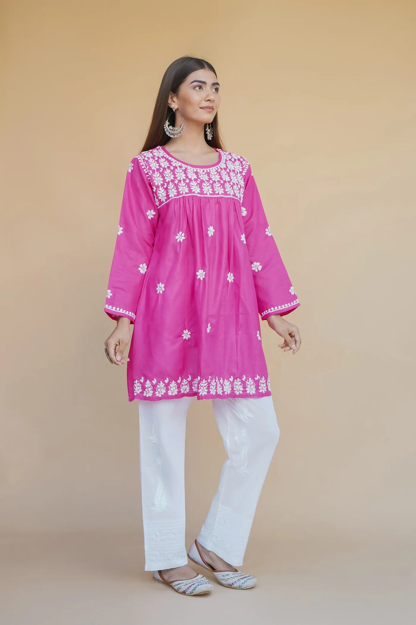 Cotton Chikankari Short Kurta in Pink