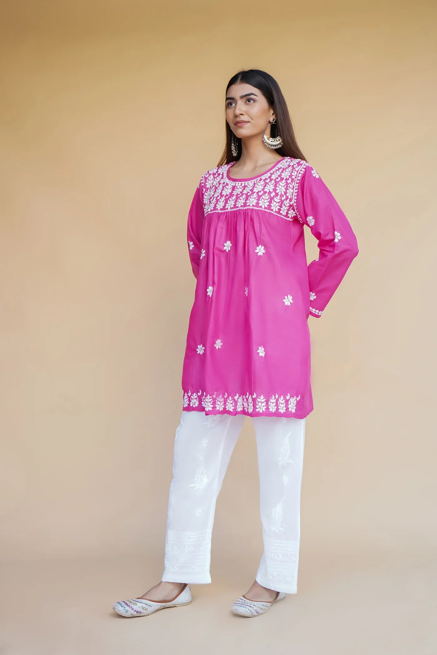 Cotton Chikankari Short Kurta in Pink