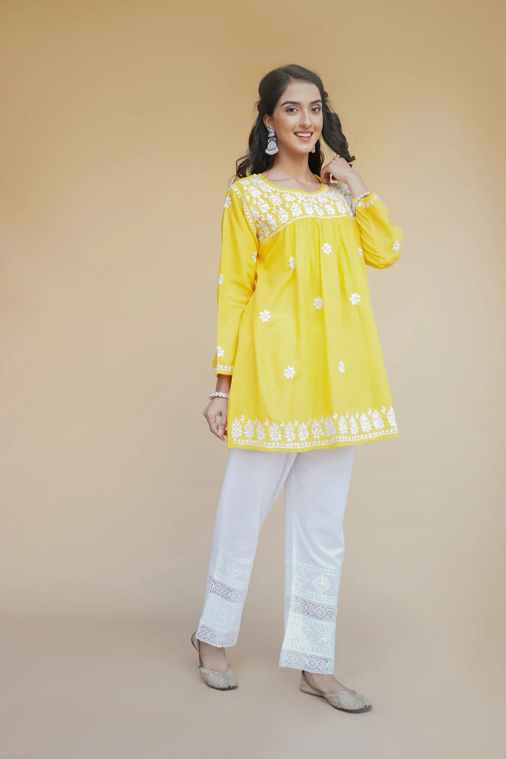 Cotton Chikankari Short Kurta in Yellow