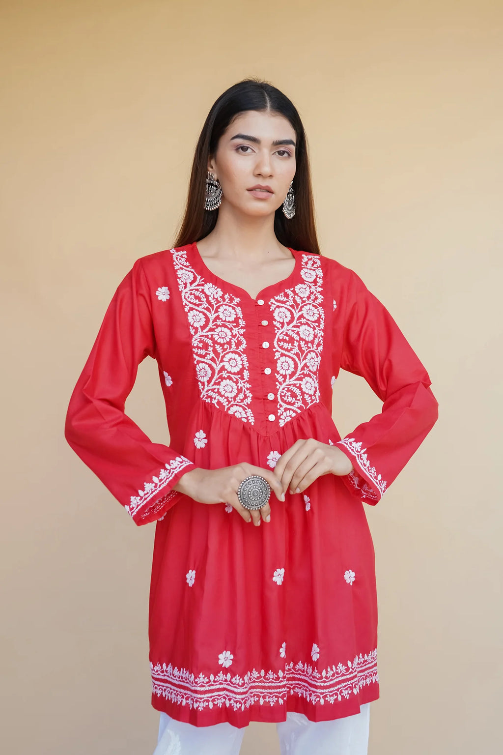 Cotton Chikankari Short Kurta in Red