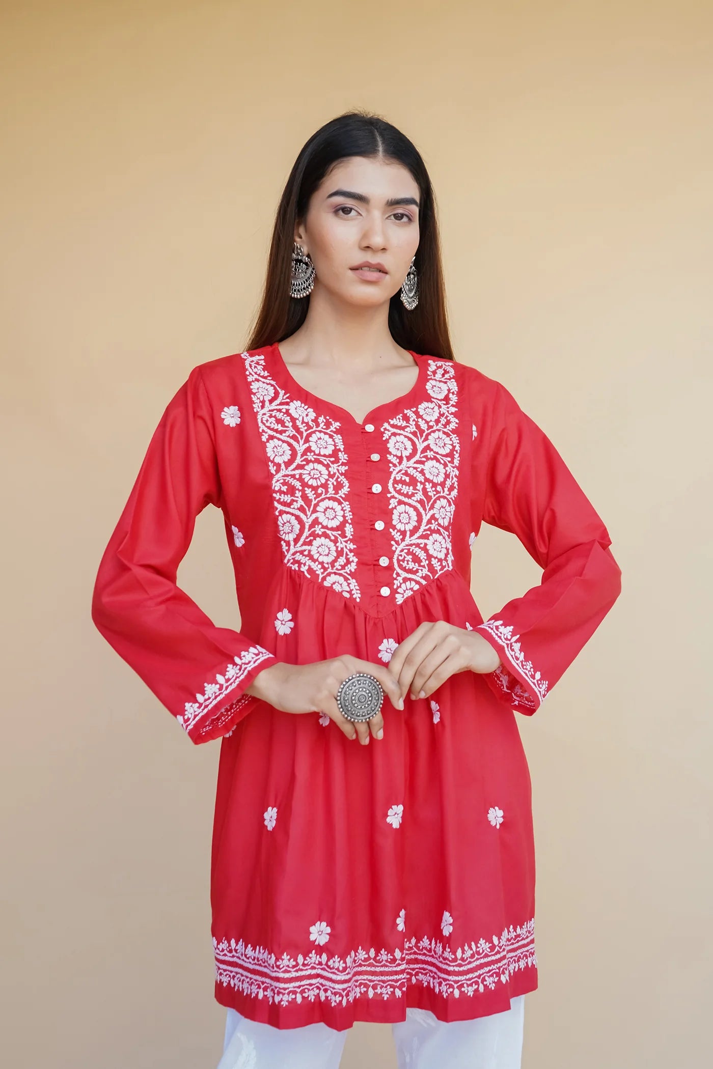 Cotton Chikankari Short Kurta in Red
